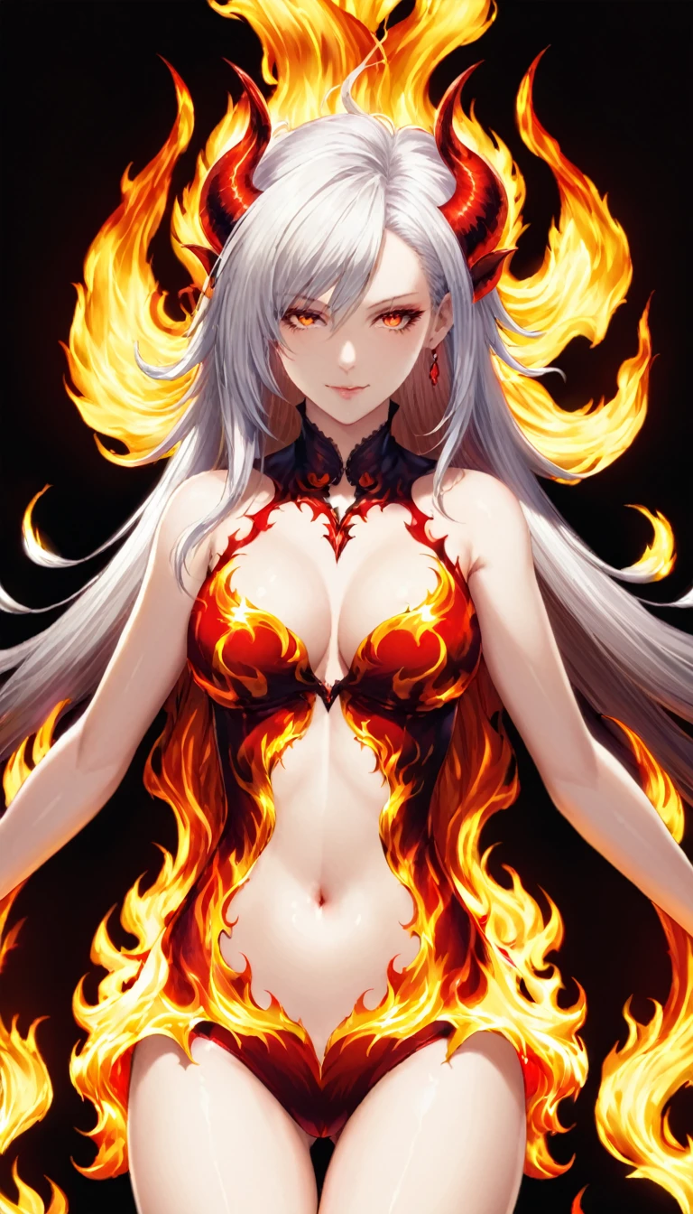 A female demon in the shape of flames,(White_hair:1.2),big hair,shiny hair,White skin