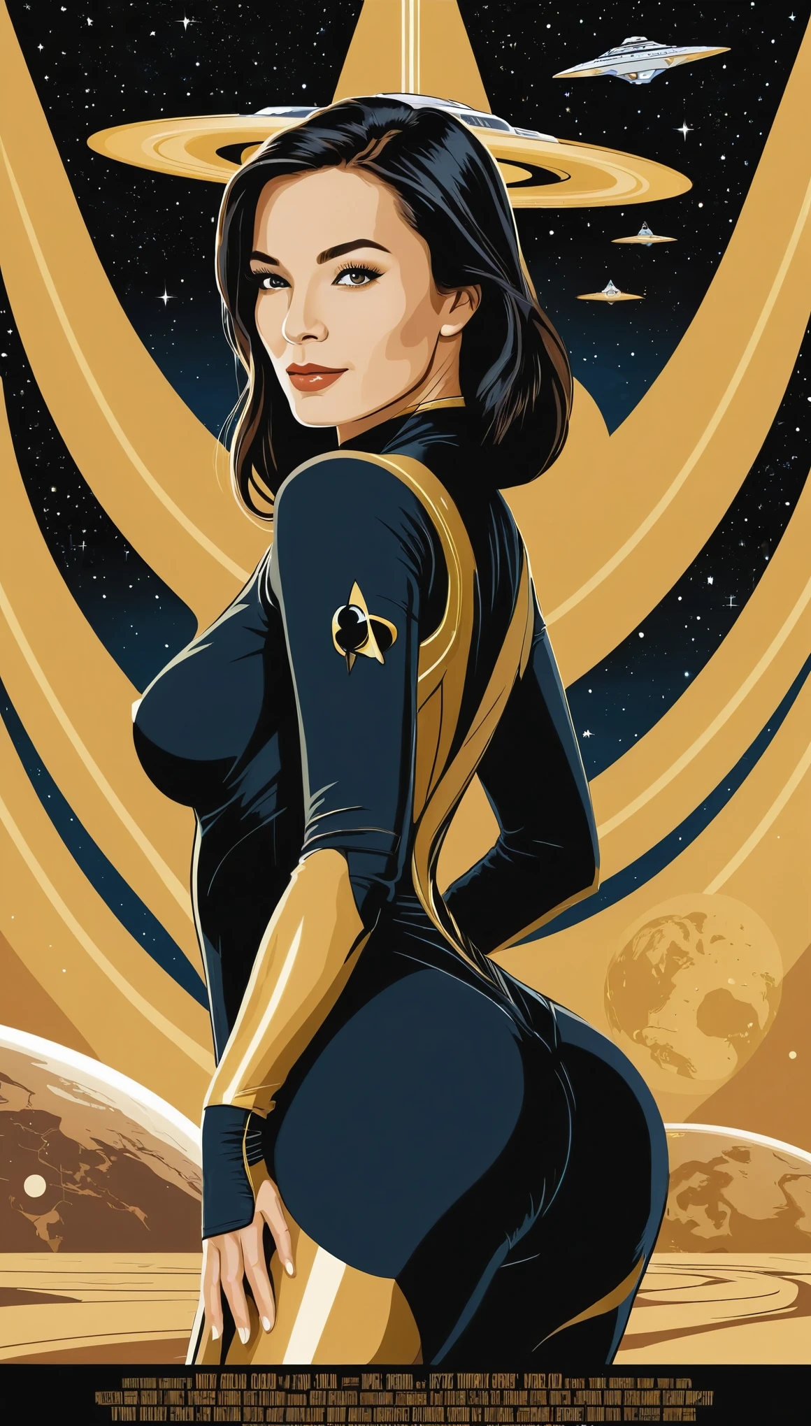 (masterpiece:1.2),(Black and gold bicolor vector art:1.5),Jody Berghsma style,(Vector Flat:1.2),(Sci-fi movie posters:1.6),Sexy Woman,Space Body Suit,star trek style,Milky Way,planet,Spaceship,adventure