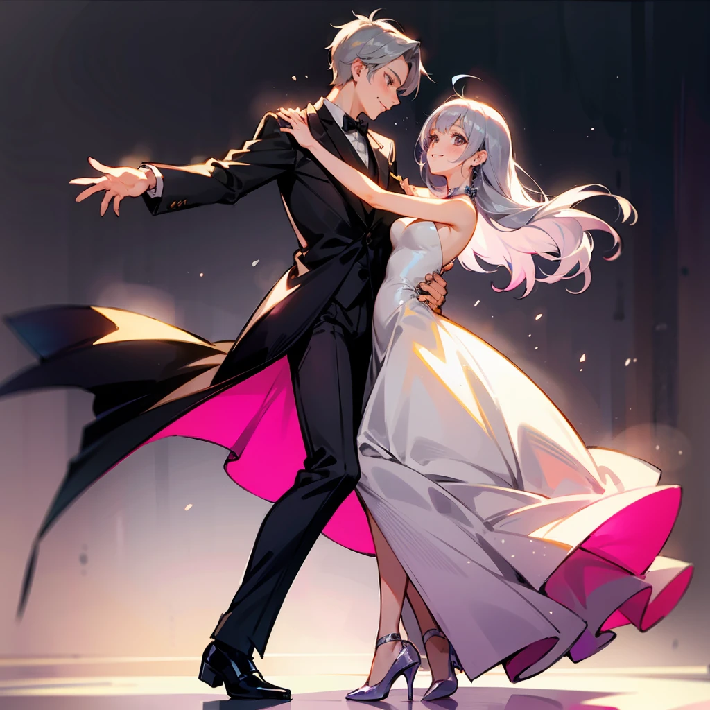 1female, Silver Hair, Pink Ball Gown, Straight Hair, Silver Heels, Elegant Attire, Hazel Eyes, Smiling, Slender, Adult, Ballroom, Dancing