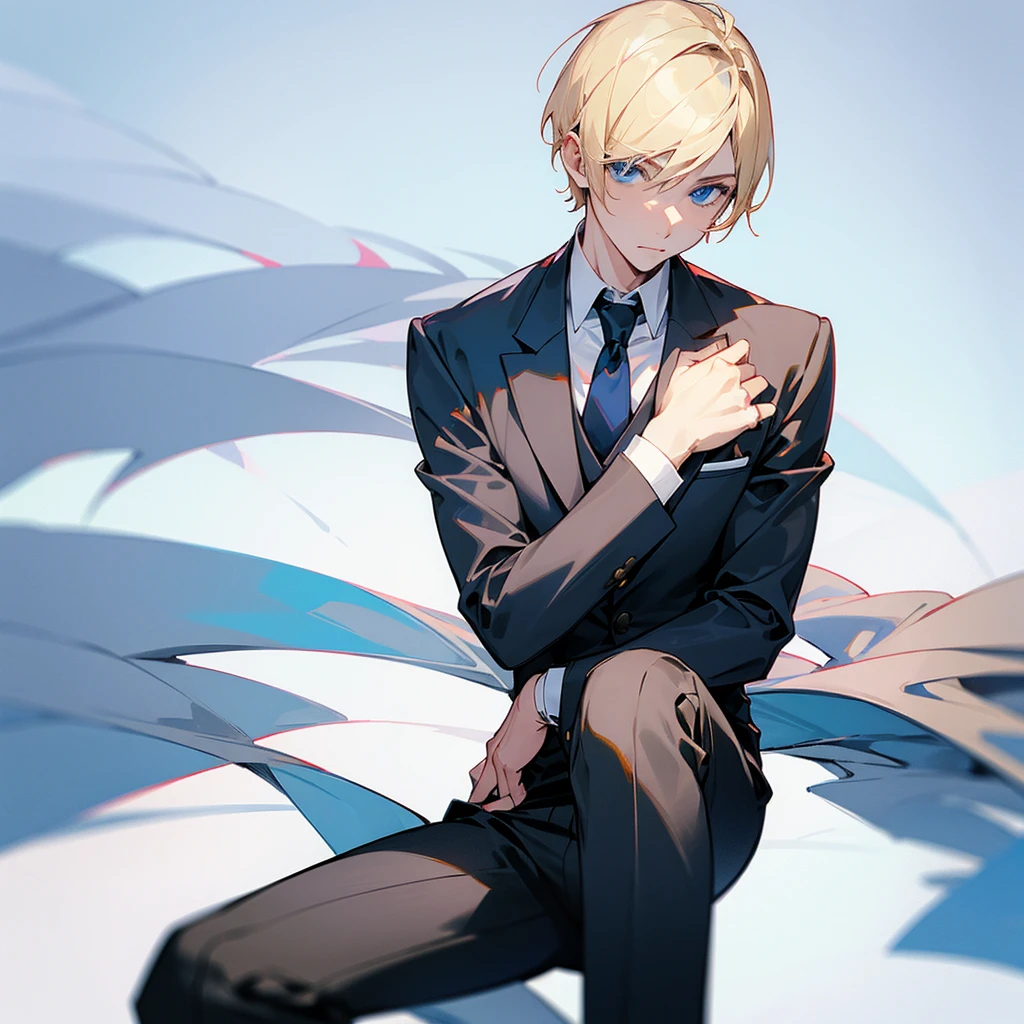 A man with short blond hair and blue eyes wearing a suit sits.