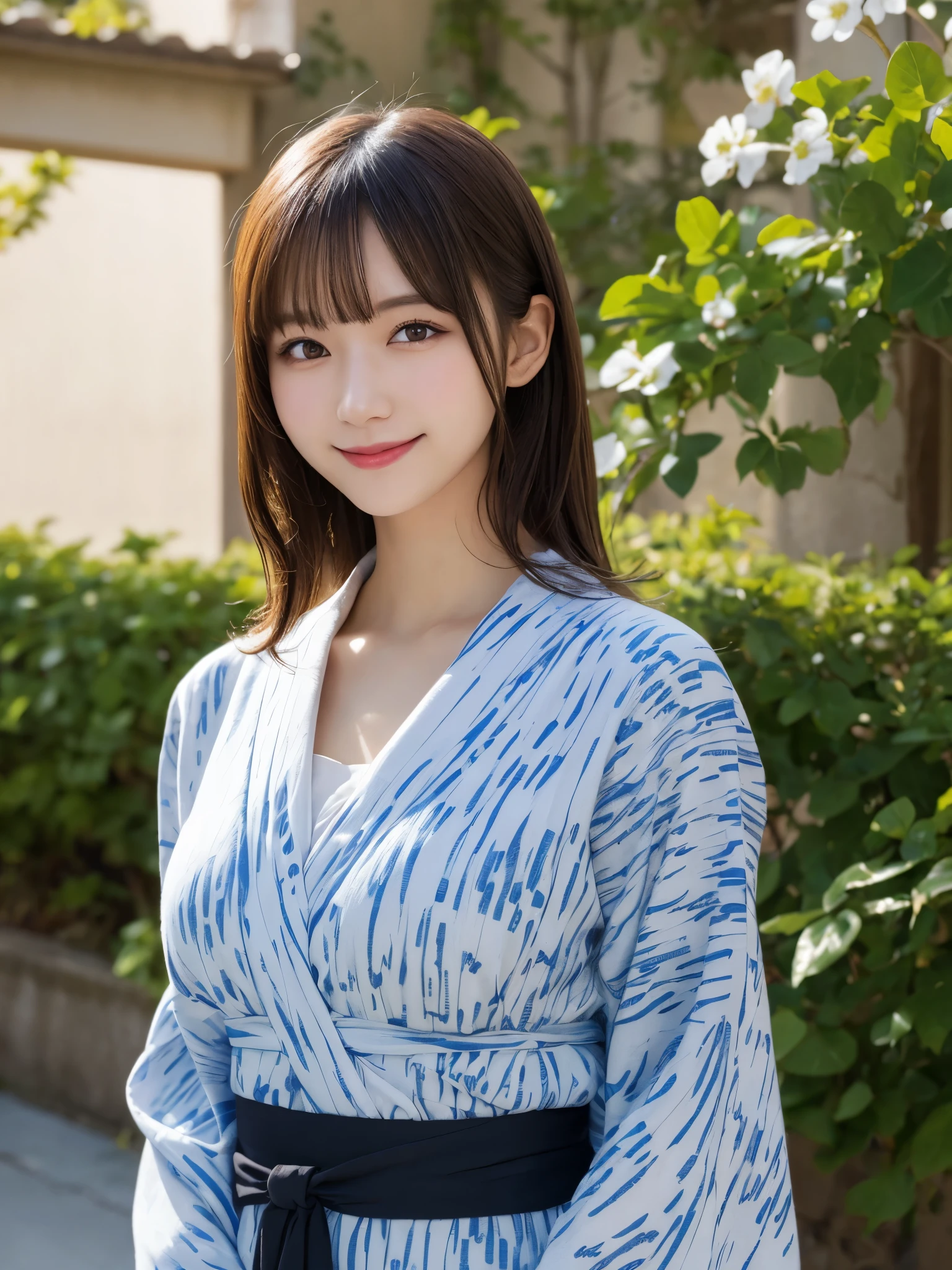 masterpiece, best quality, illustration, ultra-detailed, finely detailed, high resolution, 8K wallpaper, perfect dynamic composition, beautiful detailed eyes, yukata, medium hair, small breasts, traditional pose, smile, looking at camera