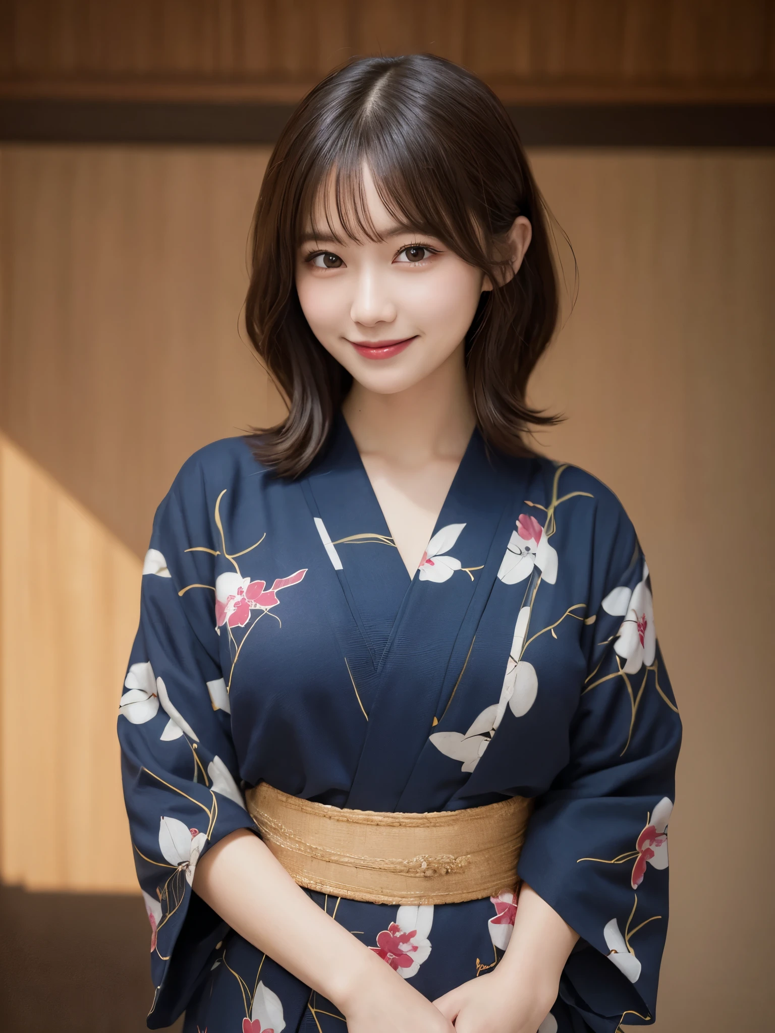 masterpiece, best quality, illustration, ultra-detailed, finely detailed, high resolution, 8K wallpaper, perfect dynamic composition, beautiful detailed eyes, yukata, medium hair, small breasts, traditional pose, smile, looking at camera