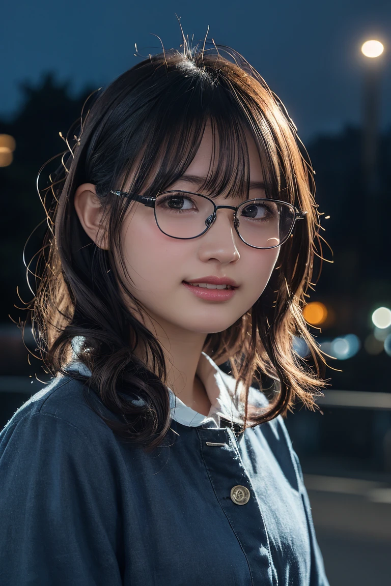 (8k、RAW Photos、Highest quality、masterpiece:1.2)、(Realistic、Photorealistic:1.37)、Ultra-detailed、Ultra-high resolution、1 girl、Seeing the viewer、Beautifully detailed face、Laughter、narrow、(Narrow waist) :1.3)、、Beautifully detailed skin、Skin Texture、Floating Hair、((Curly Hair, Quirky hairstyle, Ahoge))、Professional Lighting、In front of the station at night、((Black square glasses ))、Human whole body、Brown Hair、Clothes color is random