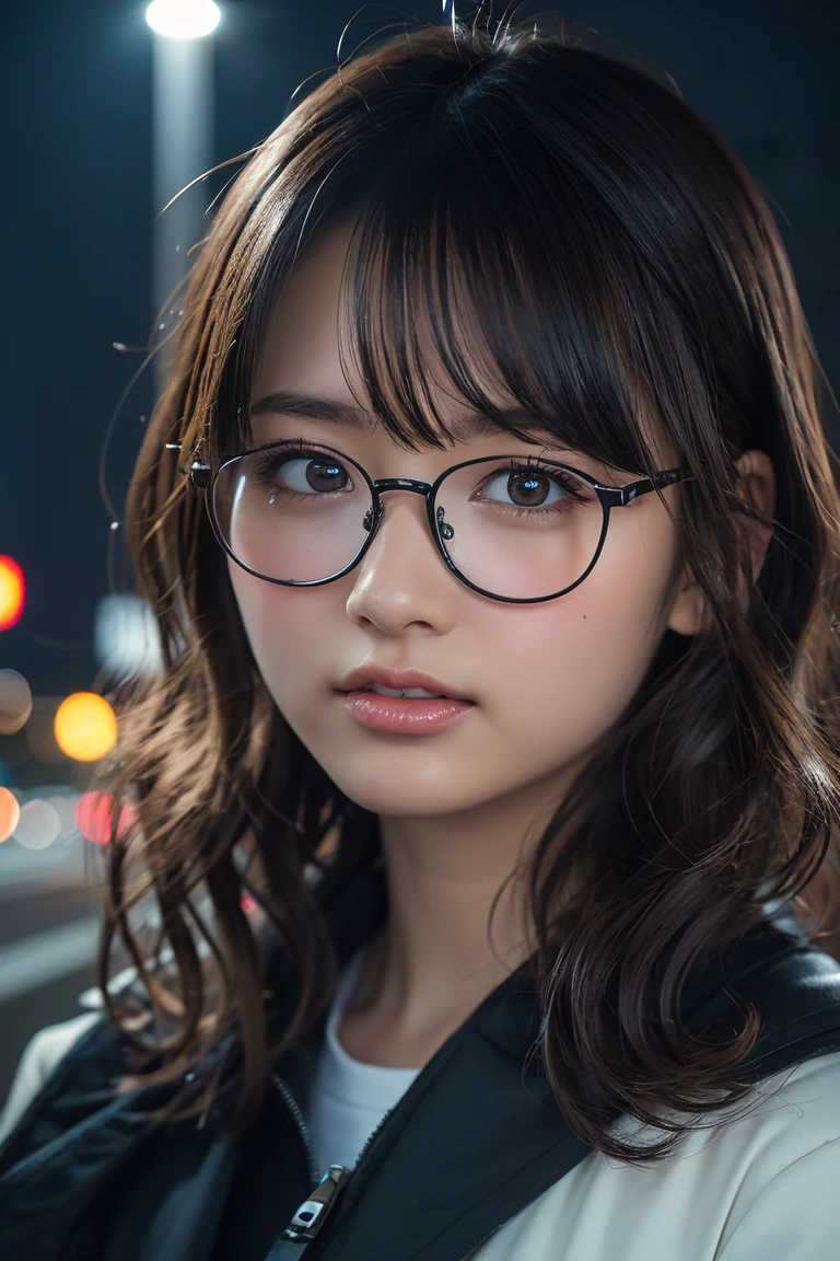 (8k、RAW Photos、Highest quality、masterpiece:1.2)、(Realistic、Photorealistic:1.37)、Ultra-detailed、Ultra-high resolution、1 girl、Seeing the viewer、Beautifully detailed face、Laughter、narrow、(Narrow waist) :1.3)、、Beautifully detailed skin、Skin Texture、Floating Hair、((Curly Hair, Quirky hairstyle, Ahoge))、Professional Lighting、In front of the station at night、((Black square glasses ))、Human whole body、Brown Hair、Clothes color is random