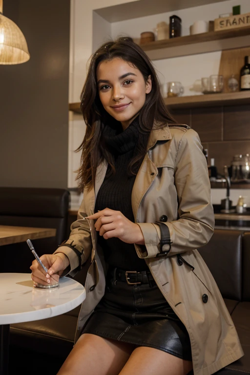 fille latina de 18 ans souriante et affectueuse, fille brésilienne, fumer un joint dans un café, assis sur un canapé, avec une bière à la main,Cheveux Mèches Dorées, taches de rousseur détaillées, yeux bleus, Très mince, Cuisses épaisses, poitrine serrée, posant à Amsterdam, la modélisation, porter un col roulé, trench-coat, grande jupe en cuir, gants noirs,foulard, L'image,bottes en plastique blanches, photo réaliste hyper détaillée capturée en Ultra HD époustouflant, Résolution 8k, Nikon D850, — style brut — c 10 — ar 2:3-s 250V