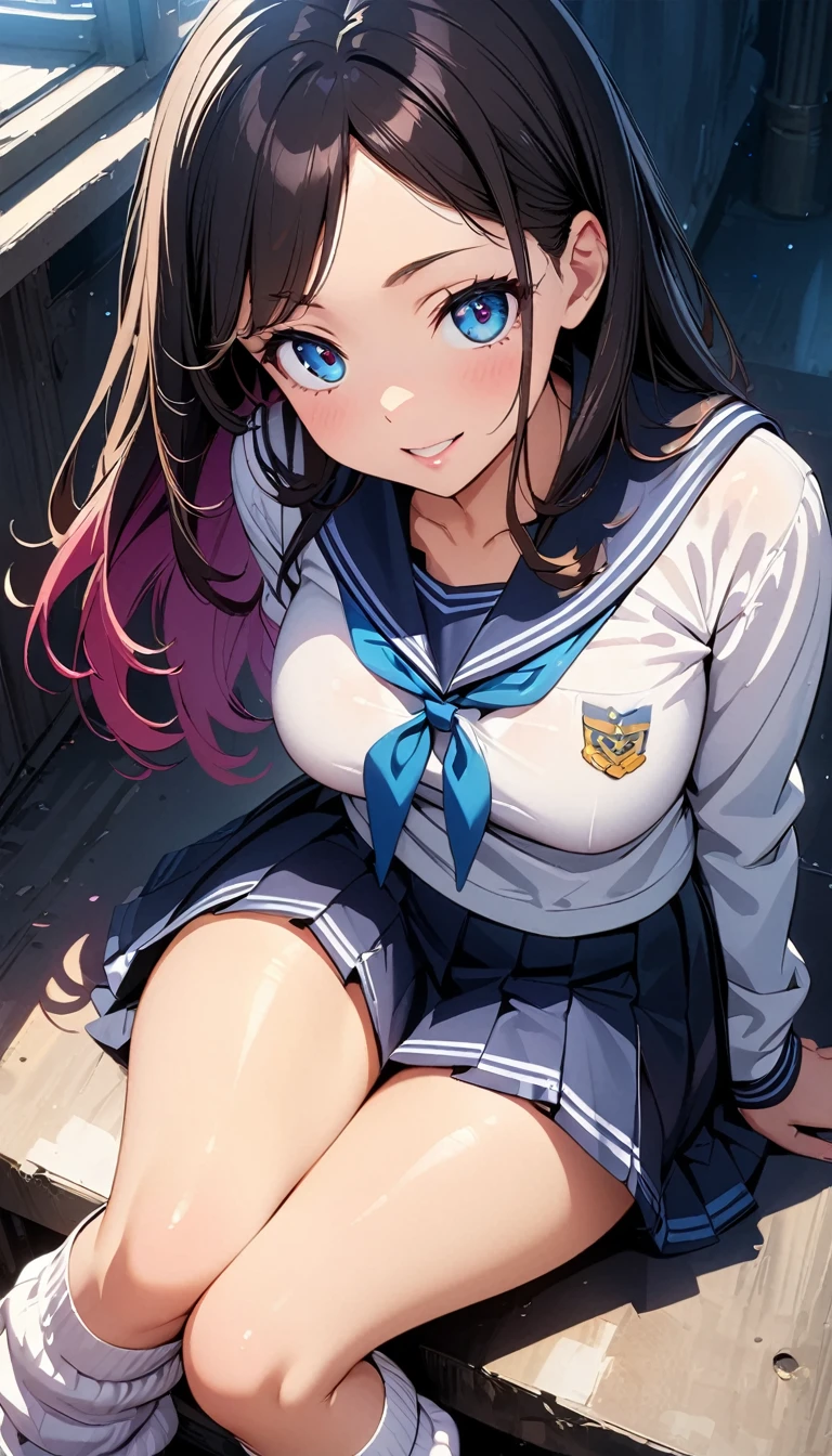 (Highest quality:1.2, 4K, 8k, Studio Anime, Very detailed, up to date, Vibrant, Attention to detail, High Contrast, masterpiece:1.2, Highest quality, Best aesthetics), (((1 girl))), Sit and pose, JK, Sailor suit, Pleated skirt, loose socks, loafers, Open your mouth a little:1.2, smile, Dynamic Angle, look up:1.3, Friendly atmosphere, Beautiful Hair, Shiny Hair, Beautiful Skin, Detailed face and eyes, Glossy Lips, Curvy Women, Striking contrast,