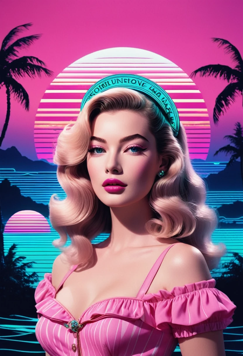 (Vapor wave aesthetics:1.8), Beautiful vaporwave aesthetic in artwork., Veronica Lake, Film Noire, princess Peach humiliating you