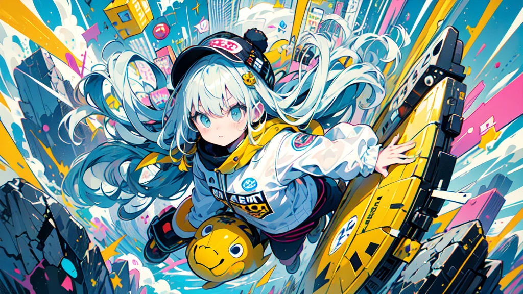 akira toriyama style、"cute, beautiful, Adorable girl in white clothes, yellow, Baby blue color scheme, Fashionable hats, rock, beautiful見た目, Floating in the sky, Fantastic depiction, Floating in the air, Full body description