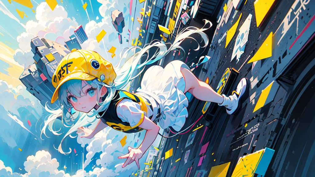 akira toriyama style、"cute, beautiful, Adorable girl in white clothes, yellow, Baby blue color scheme, Fashionable hats, rock, beautiful見た目, Floating in the sky, Fantastic depiction, Floating in the air, Full body description