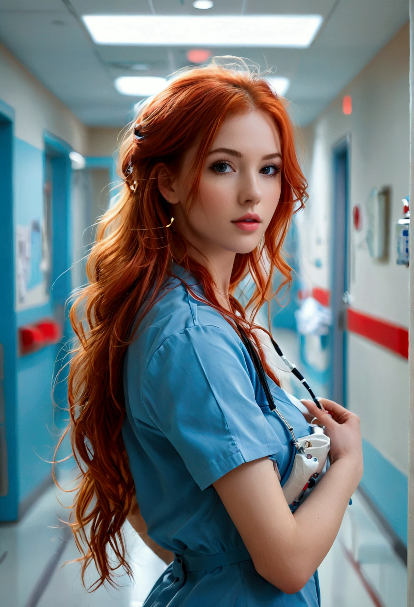 ultra realistic, photography, long red hair, girl, 24 years old, hourglass figure, perfect body, natural medium breasts, Flirty look, extremely detailed artgerm, in the style artgerm, facing the camera, lens 35 mm, blur background, standing in a hospital hallway, nurse outfit, chart in her hands