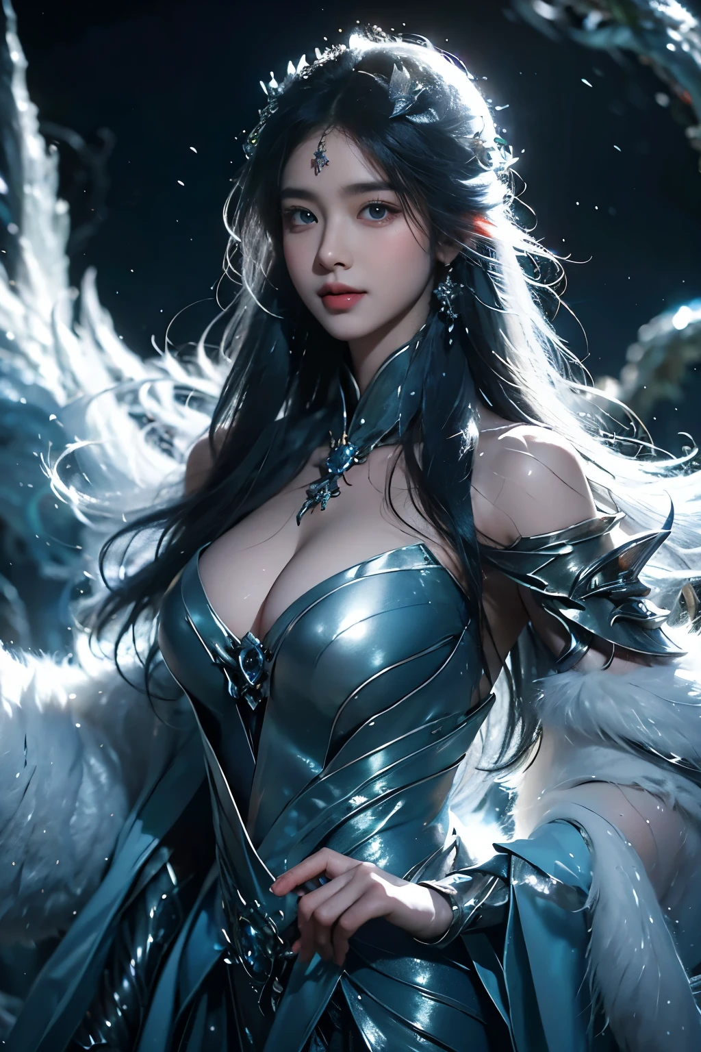 Illustration of a mystical vampire white fox, its bright eyes gleaming and sharp fangs exposed. Its snowy fur is strikingly contrasted by a backdrop of a moonlit night.
an individual with dark blue skin, the ethereal hue highlighted against the black background. The person's visage bears an expression of serene mystery.
Close-up photo of a woman with large breasts confidently posing for the picture, her radiant smile beaming at the camera. Her hair cascades down her shoulders as she stands against a tastefully blurred background.
Digital render capturing the face of a man exhibiting futuristic aesthetics - his eyes shimmering like distant galaxies and his skin glistening with metallic hues; the expression on his face anticipates a world far ahead in time.is face,