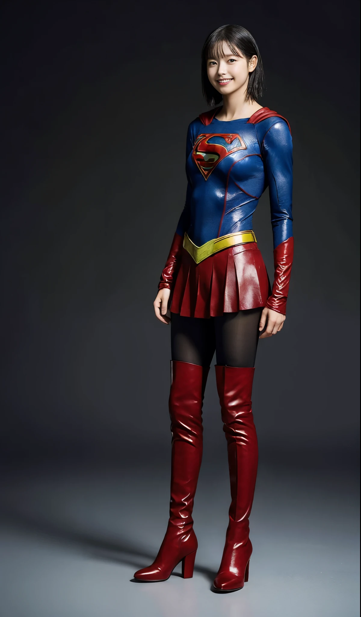No background、(((Beautiful legs in black tights.)))、(((Legally express the beauty of your smile)))、((((Make the most of your original images)))、(((Supergirl Costume)))、(((short and beautiful hair)))、(((Smiles and winks)))、(((Please wear black tights....、Wear red boots)))、((Best image quality、8k))、((Highest quality、8k、masterpiece:1.3))、(((Preserve background )))、Sharp focus:1.2、Beautiful woman with perfect figure:1.4、Slim Abs:1.2、Wet body:1.5、Highly detailed face and skin texture、8k