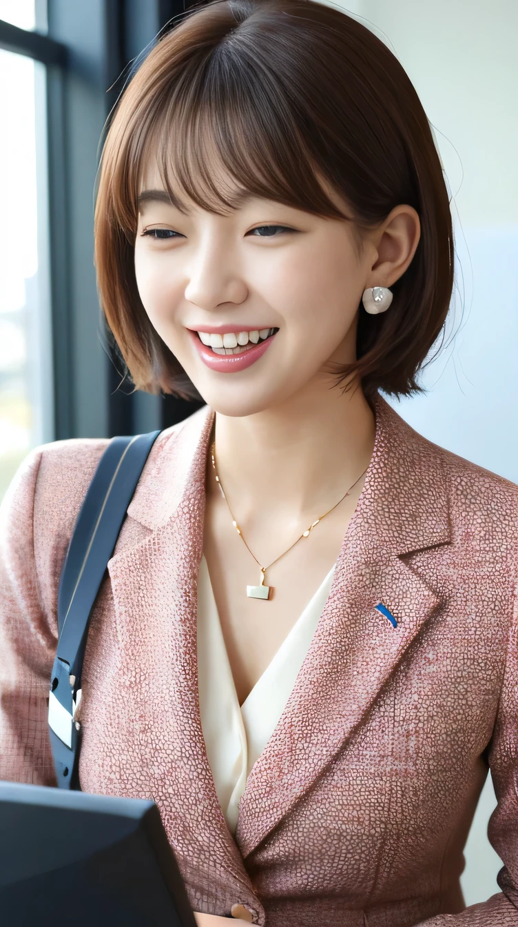 high quality:1.2), RAW Photos, High resolution, Very detailed, Intricate details, 、ear piercing、、Laugh with your mouth closed、、short hair、Black Hair、、Clear beauty,(High Quality Fabric, Office Lady Suits 、Necklace around the neck、, The background is the office
