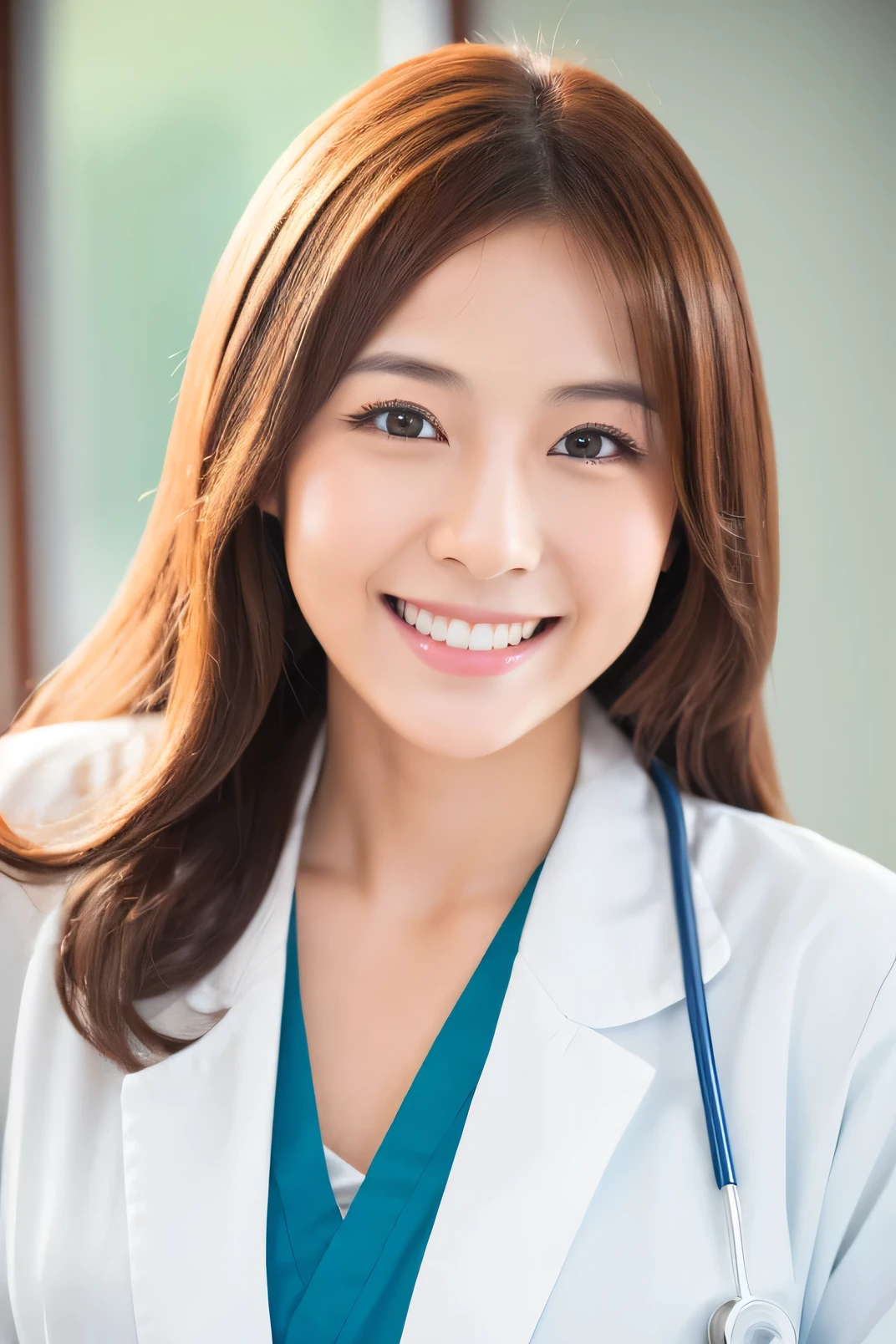 Photorealistic, high resolution, High resolution,Japan Beautiful Nurse, Smile, White Lab Coat, hospital, ward