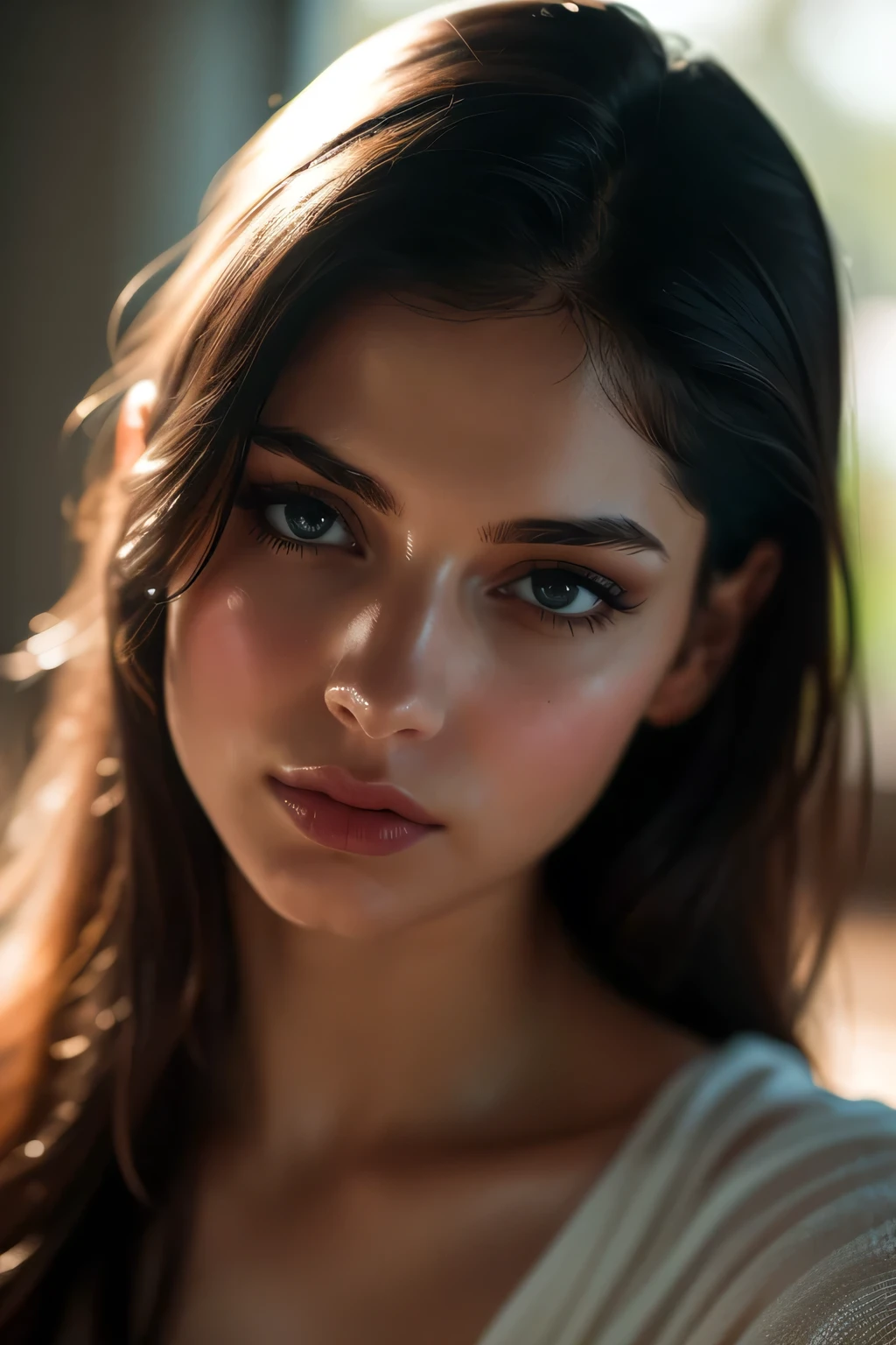 (((ultra realistic))) Photo, masterpiece, top quality, (pale skin), (Ultra detailed face and eyes:1.3), 1 girl(Indian beautiful girl), , round neck a shirt, (Eye makeup, mascara) , (( detailed lips)), ((ash wavy long hair)), ((Chyolka)) , . ((Posing)), photoshoot, studio (soft lighting), (The play of light and shadows), depth of field, bokeh, (special attention to skin detail: 1.2), Detailed leather texture, skin pores. (Airy atmosphere of the frame. Color range - delicate, Bright, white, Pink tones), UDR, ((Film grain)), ((rays)), ((glare of the sun)), ((waist up portrait, close to the camera)) , ultra detialed,