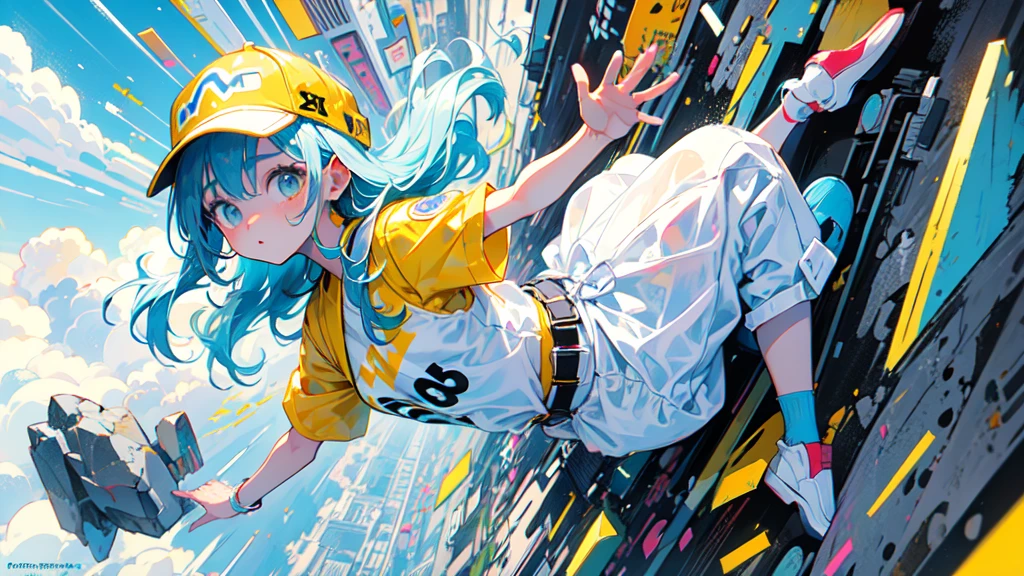 akira toriyama style、"cute, beautiful, Adorable girl in white clothes, yellow, blue color scheme, Fashionable hats, rock, beautiful見た目, Floating in the sky, Fantastic depiction, Floating in the air, Full body description, Uplifting, Speed