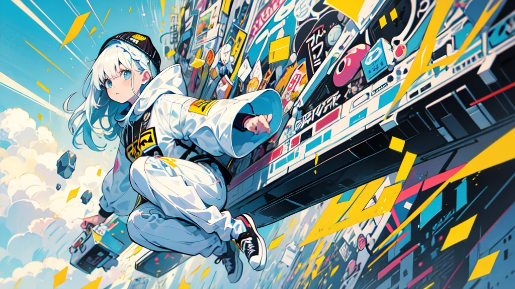 akira toriyama style、"cute, beautiful, Adorable girl in white clothes, yellow, Baby blue color scheme, Fashionable hats, rock, beautiful見た目, Floating in the sky, Fantastic depiction, Floating in the air, Full body description, Uplifting, Speed