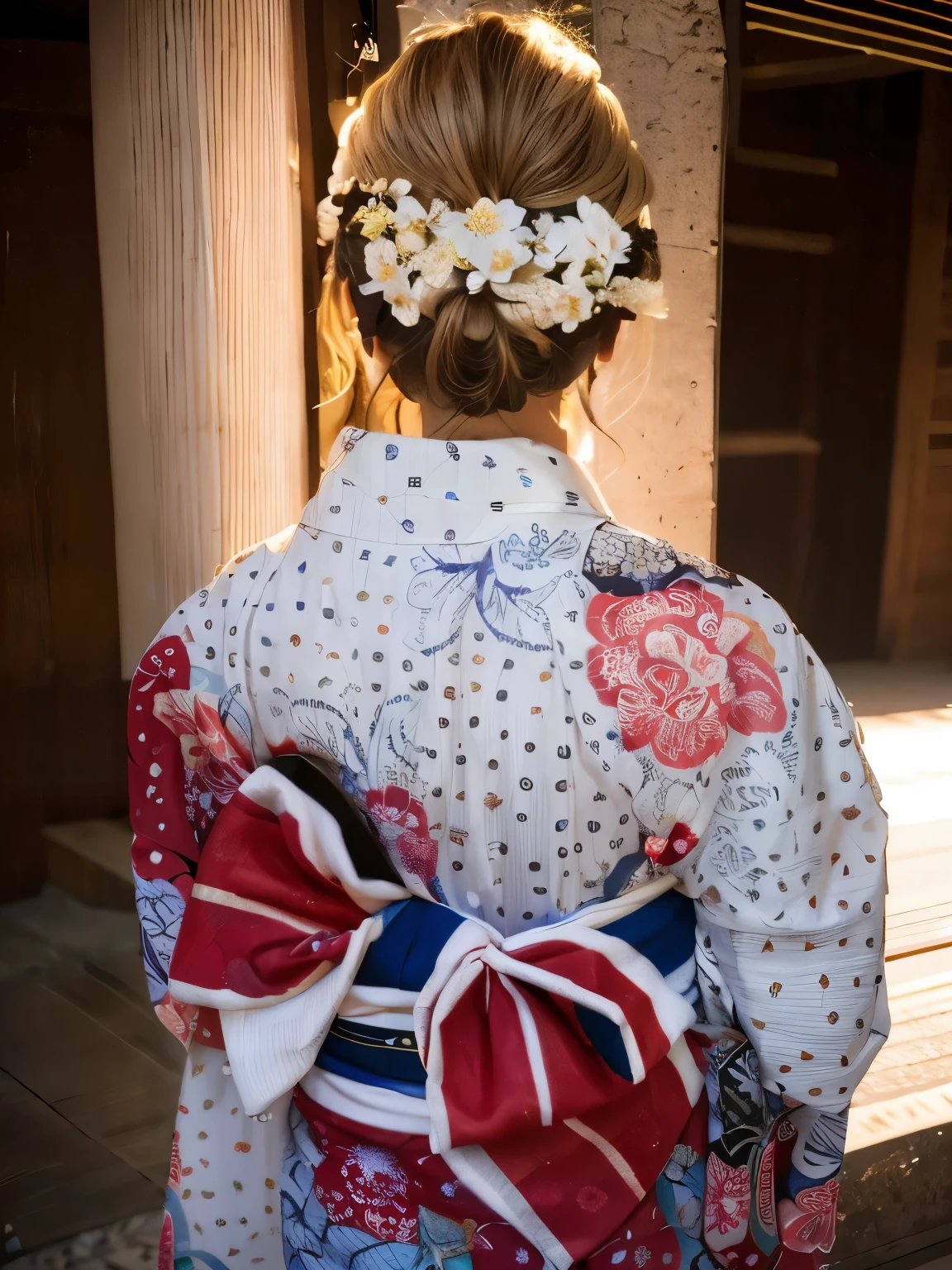 ((Highest quality)), ((masterpiece)), (detailed),((Back view)), （Blonde）,yukata,yukata,kimono,Beautiful Hairstyles,花柄のyukata
