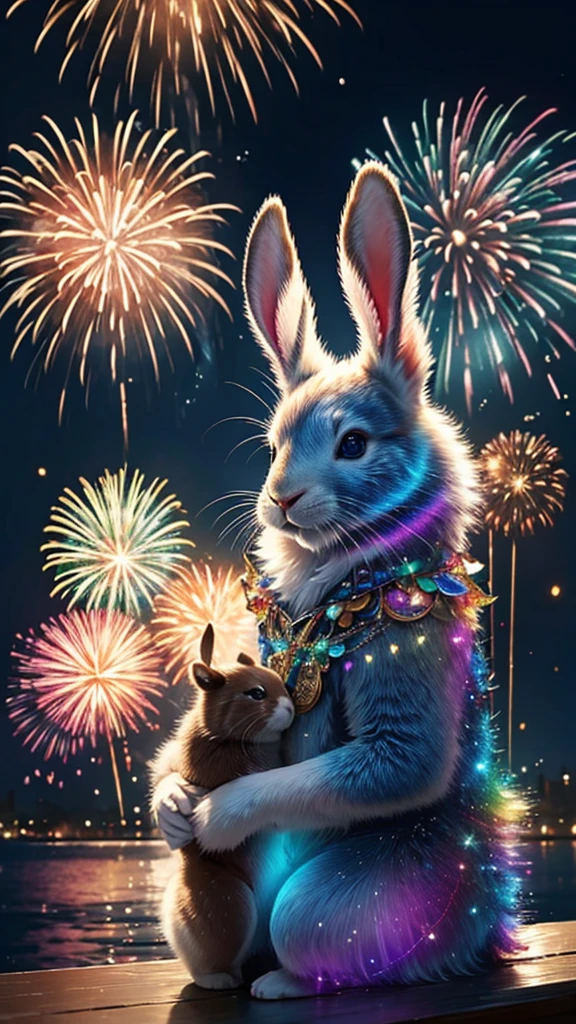 Rainbow colorsのウサギ、rabbit、Parent and  rabbit、、White Rabbit、Surrounded by lots of rabbitysterious Landscape、firework、firework大会、Rainbow colorsのfireworkが打ちあがっている瞬間、夜nullとともに、幻想的な海景色で壮大なfirework、future都市、Highest quality、masterpiece, (Diffuse reflection of light:1.2), When the fantastic rainbow turns into shadow, bathed in a mystical atmosphere.The baby bears are watching too, Cast magic spells. evoke a sense of wonder and awe. A fusion of natural grandeur and magic, Weaving dreams into reality. Behold, null, And the unknown, Fleeting、And an eternal moment, 16K, Ultra-high resolution.Realistic, Ultra-high resolution, to be born,future、Rainbow colorsに光り輝く、Rainbow colors、The world 30 years from now。