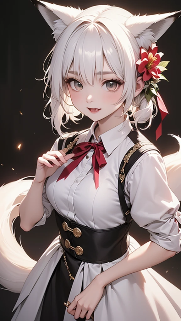 One Girl, Beautiful teenage fox girl, white hair, red eyes, cute, fox tail, Small breasts, length, Straight white hair,uniform, Princess white Dress, Lace trim , Flowers, Portraiture, Oil, fantasy, fangs, Realistic proportions, Complex, Complex details, Sharp focus