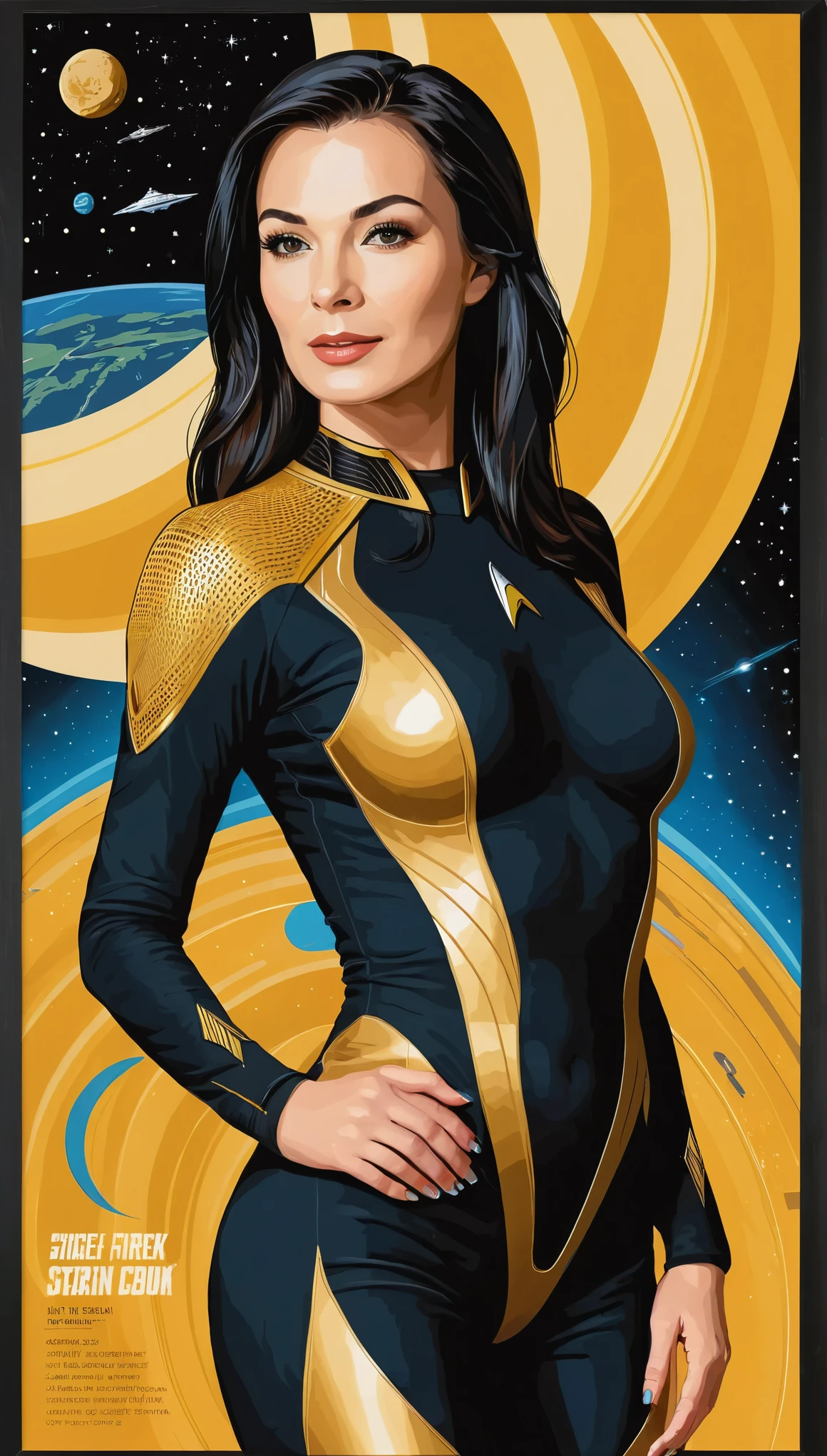 (masterpiece:1.2),(Black and gold bicolor vector art:1.3),Jody Berghsma style,(Vector Flat:1.3),(Sci-fi movie posters:1.6),Sexy Woman,Space Body Suit,star trek style,Milky Way,planet,Spaceship,adventure