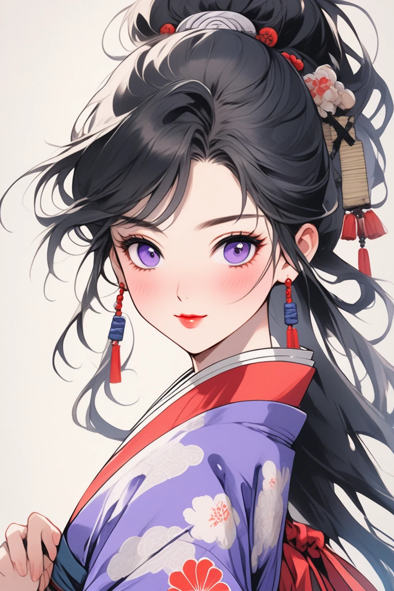 (Highest quality, sketch:1.2),Realistic,Illustrator,anime,1 Girl, Detailed lips,Black Hair、bangs are blonde、smile、Kunoichi、Female ninja、Ninja、Red kimono、Brilliant, beautiful, The finer details, Intricate details, Super detailed, Oily red lips、絶世のBeauty、Dark blue eyes、Beauty、Pure white skin、Gray Hair、Beautiful person、Jet black hair、ponytail、Japanese、Beauty、Mini character、3d、cute、beautiful girl、Real、cute、Purple Eyes