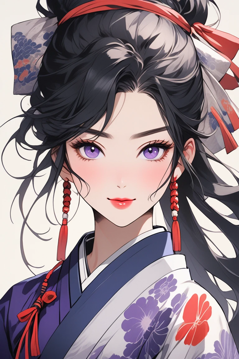 (Highest quality, sketch:1.2),Realistic,Illustrator,anime,1 Girl, Detailed lips,Black Hair、bangs are blonde、smile、Kunoichi、Female ninja、Ninja、Red kimono、Brilliant, beautiful, The finer details, Intricate details, Super detailed, Oily red lips、絶世のBeauty、Dark blue eyes、Beauty、Pure white skin、Gray Hair、Beautiful person、Jet black hair、ponytail、Japanese、Beauty、Mini character、３d、cute、beautiful girl、Real、cute、Purple Eyes