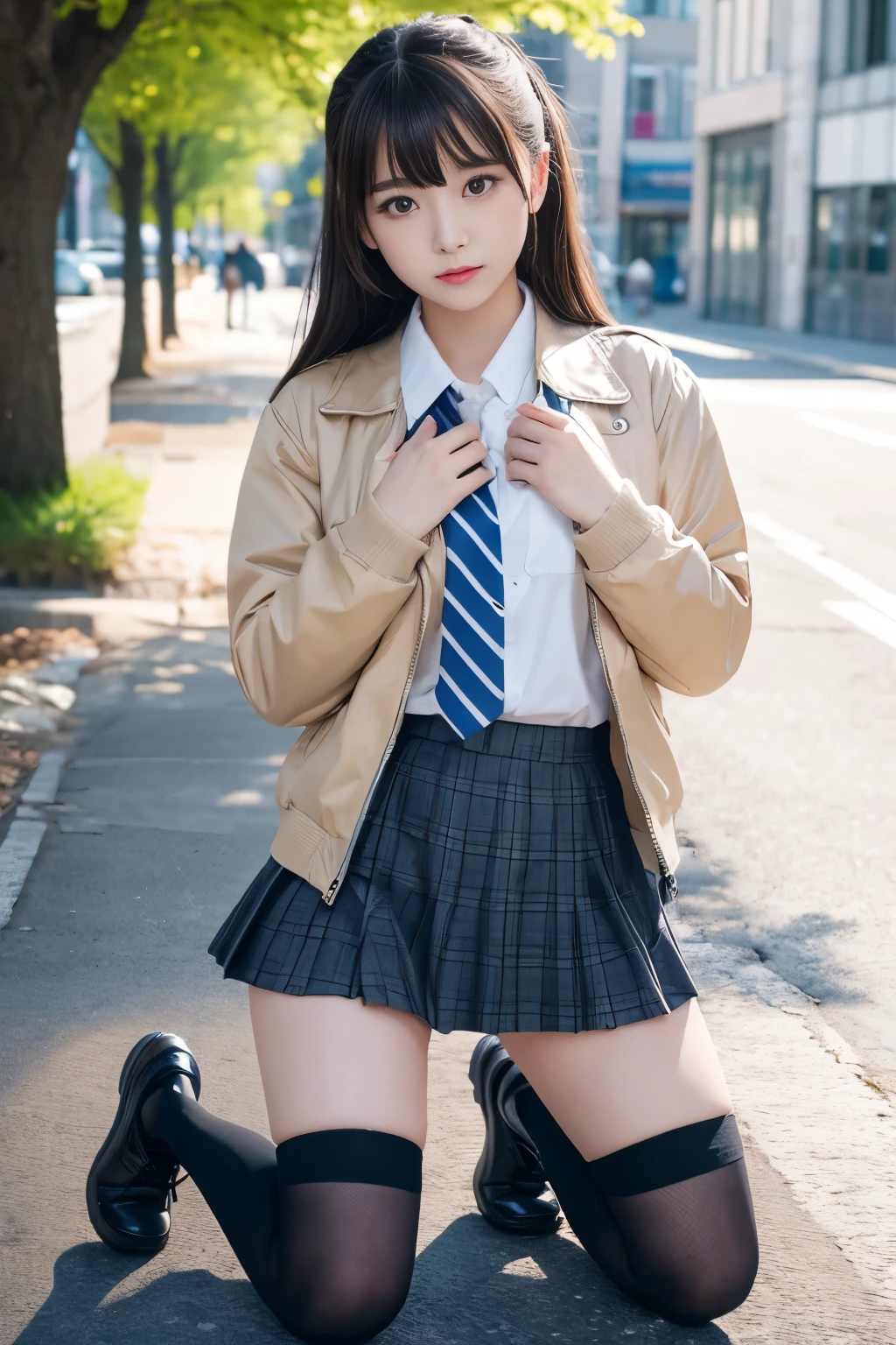 One girl, 美少女 it has, Kneel, Knee socks, 紺色のKnee socks, Jacket, Checked skirt, Place your hand on your chest, Outdoor, 8k Raw Photo:1.5_it has