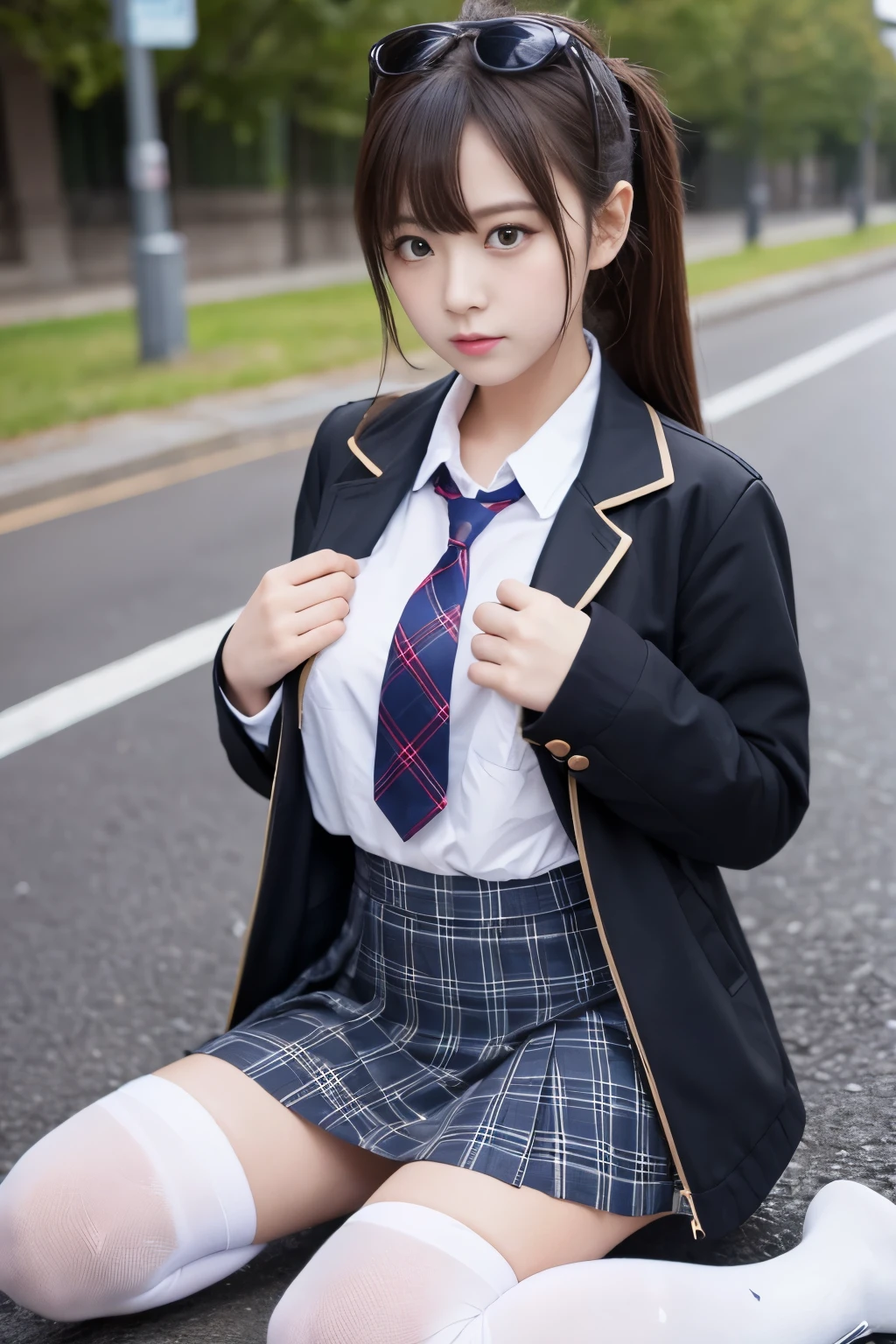 One girl, 美少女 it has, Kneel, Knee socks, 紺色のKnee socks, Jacket, Checked skirt, Place your hand on your chest, Outdoor, 8k Raw Photo:1.5_it has