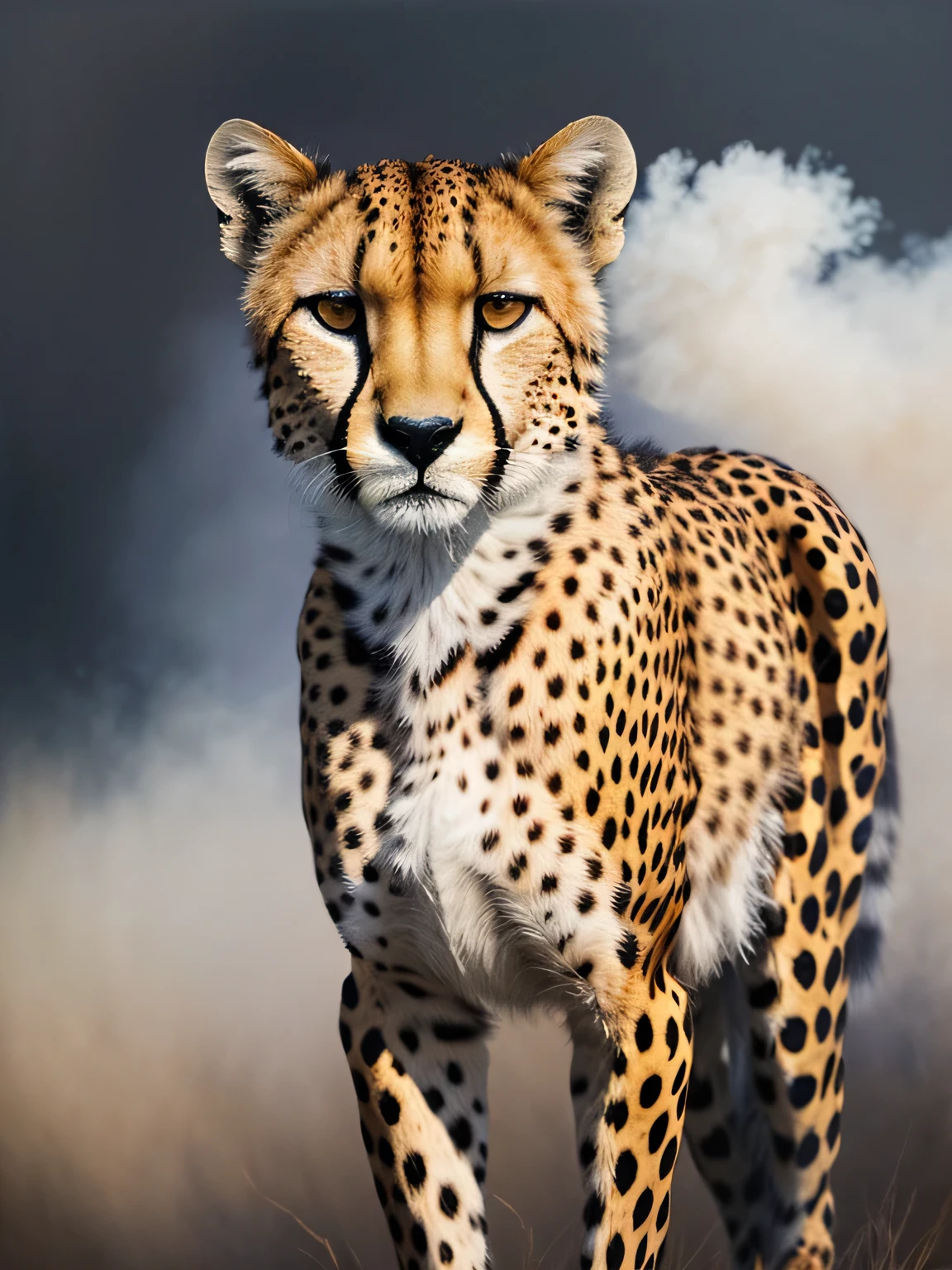 fusion of watercolors and oil paintings, mix of monochrome and color, best quality, super fine, 16k, 2.5D, delicate and dynamic, a beautiful wild cheetah stands up, beautiful fur, portrait, dust cloud, savanna, (action blur, motion blur, speed lines:0.5)