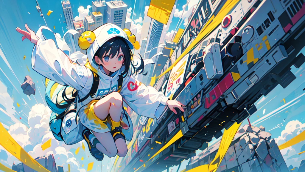 akira toriyama style、"cute, beautiful, Adorable girl in white clothes, yellow, Baby blue color scheme, Fashionable hats, rock, beautiful見た目, Floating in the sky, Fantastic depiction, Floating in the air, Full body description, Uplifting, Speed