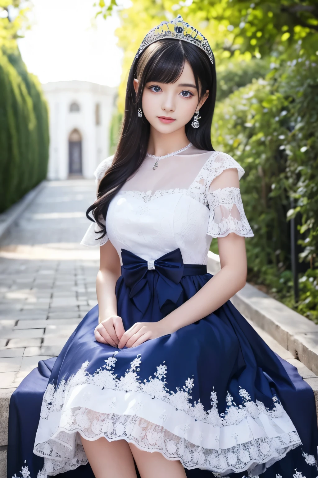 Beautiful young princess with black hair and blue eyes, She is wearing a beautiful long white dress, thin lace fabric dress,