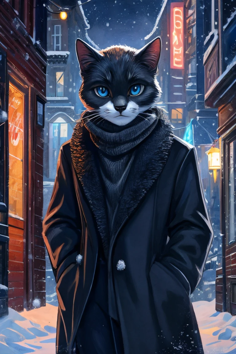 black cat, white muzzle, black nose, black bang, blue eyes, cat pupils, dressed in black wool sweater with a neck, grey drape coat and dark blue jeans, night, 50s city, winter, snow, half-body