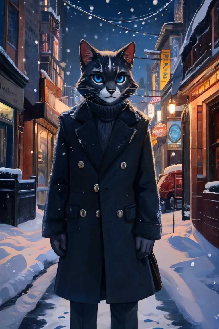 black cat, white muzzle, black nose, black bang, blue eyes, cat pupils, dressed in black wool sweater with a neck, grey drape coat and dark blue jeans, night, 50s city, winter, snow, half-body