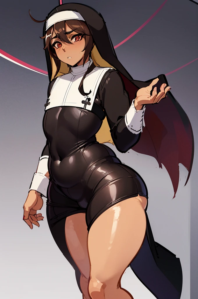 ((anime boy)), ((crossdresser)), (((1boy)))), (((solo))), ((((alone)))) medium dark brown hair, red eyes, ((((brown skin)))), wide hips, narrow waist, thick thighs, flustered, brushing, standing in a church, ((flat chest)), visible bulge, shirt, (((skin tight black nun outfit))), in a suggestive pose