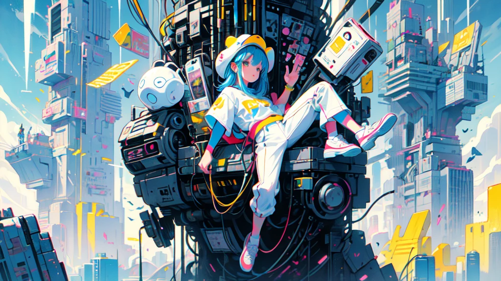 akira toriyama style、"cute, beautiful, Adorable girl in white clothes, yellow,  blue color scheme, Fashionable hats, rock, beautiful見た目, Floating in the sky, Fantastic depiction, Floating in the air, Full body description, Uplifting, Speed, Machine City, cyber punk