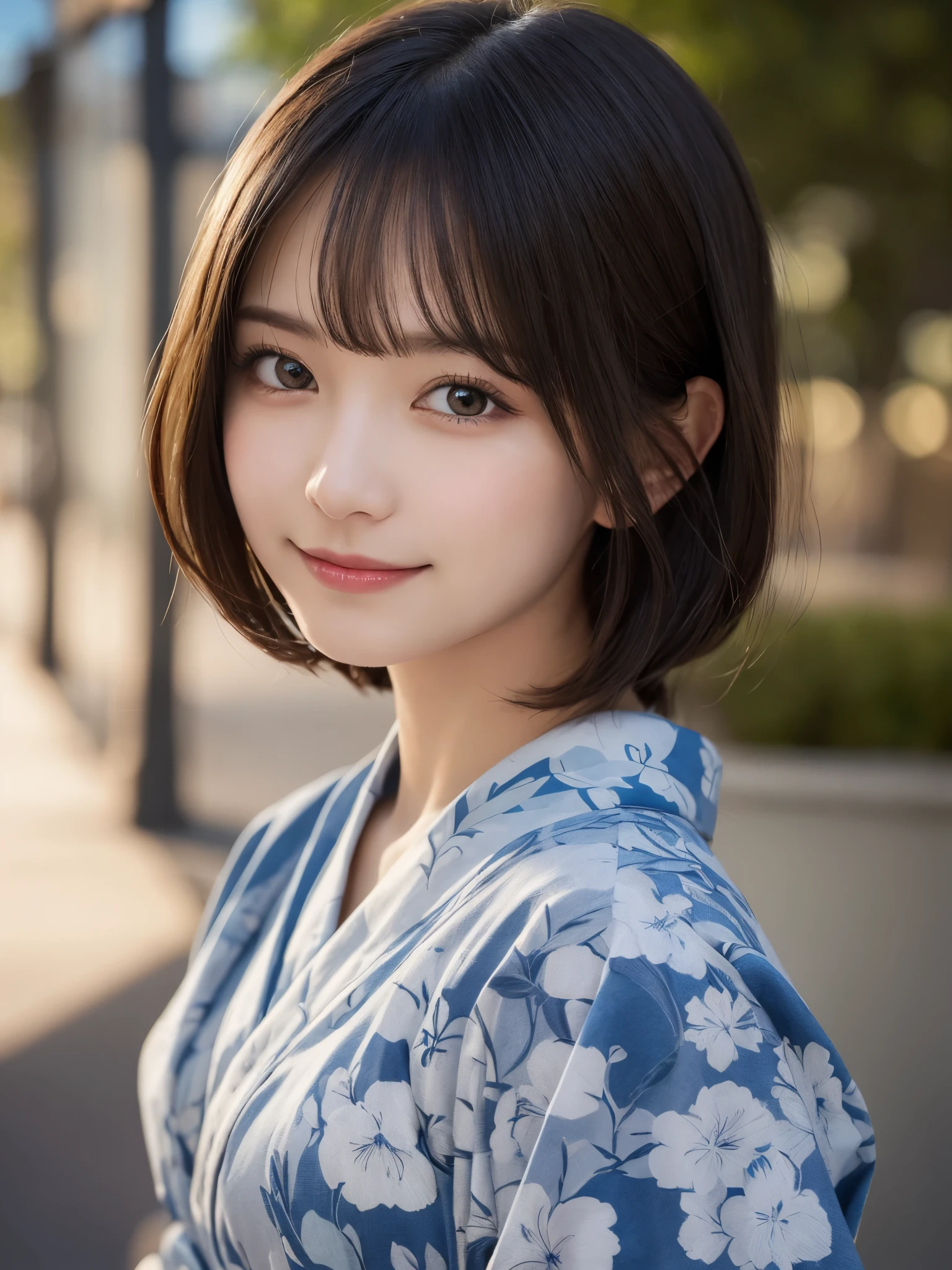 masterpiece, best quality, illustration, ultra-detailed, finely detailed, high resolution, 8K wallpaper, perfect dynamic composition, beautiful detailed eyes, yukata, short hair, respectful expression, cute, smile, looking at camera