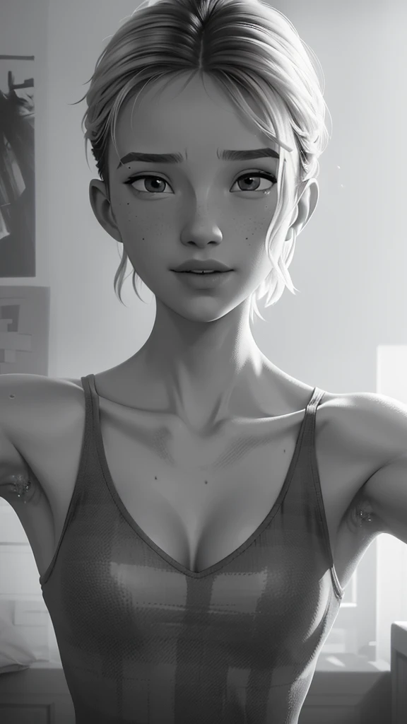 cleavage, [soft ambient light],Mu bedroom background,(Beautiful One Girl),SCWEN, (20 year old student)) [short-hair] ((very muscular)) [Scrawny],(selfee) etching [sweaty],[details face],(Beautiful skin expression [transparency]),(More about beautiful skin),[Realistic papilla details],[Physical details],(Realistic physical details),Eros no Corpo Natural,[ideal anatomy],[Desaturation],(high qualiy),(high resolution),((Small tits)), ((hd armpits)), ((super detailed armpits)), ((full of sweat)), sweaty, ((dripping wet armpits)), close up armpits, ((armpit_hair:1.3)), moles armpit, dripping wet armpits 