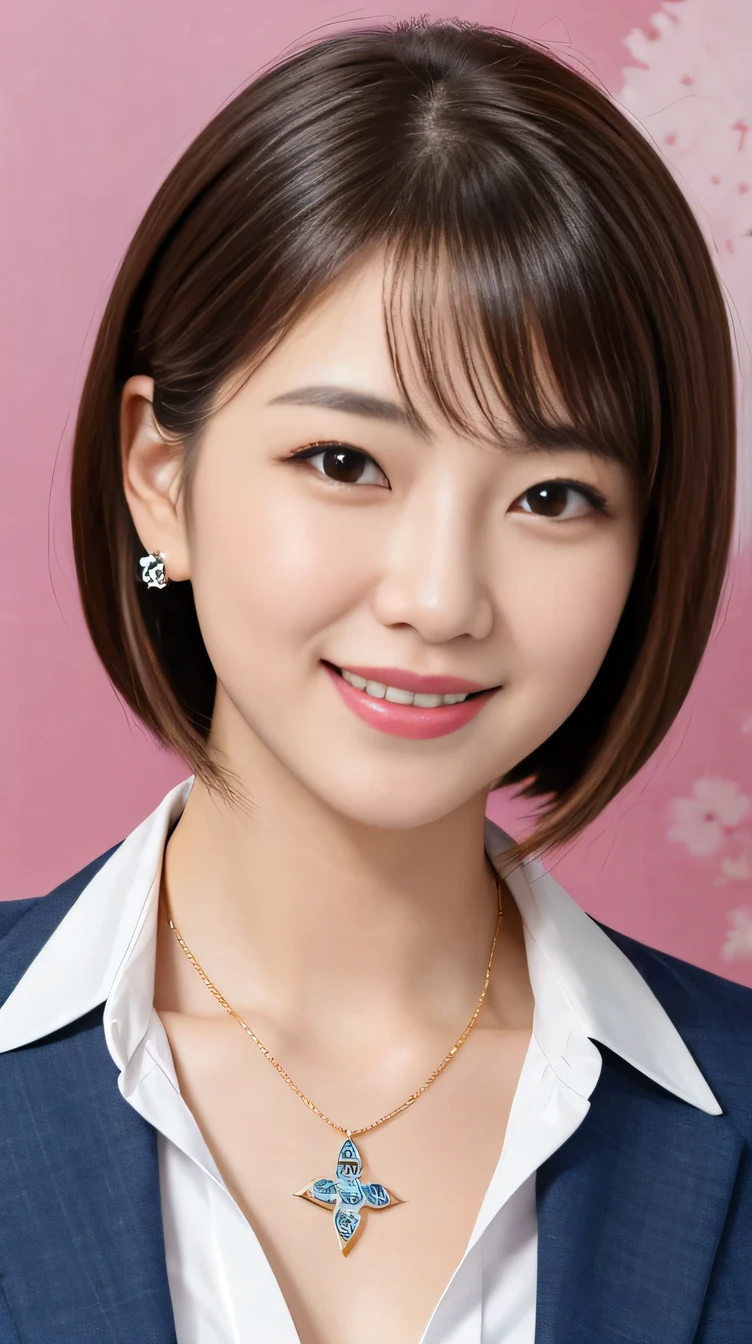 high quality:1.2), RAW Photos, High resolution, Very detailed, Intricate details, 、ear piercing、smile、short hair、Black Hair、、Clear beauty,High Quality Fabric, Office Lady Suits 、Necklace around the neck、, The background is the office