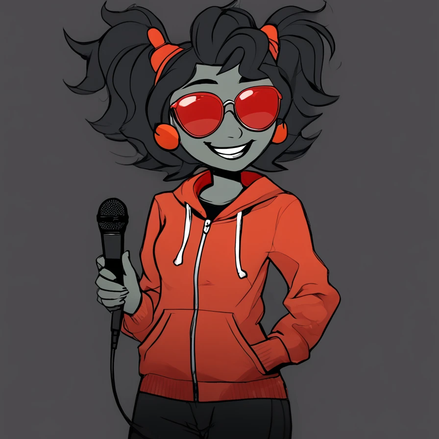 Princess Terezi Pyrope Cookie, black pink hair, Red Sunglasses, Orange Tracksuit, Evil Happy, holding Microphone, Ürümqi, Helltaker Style 