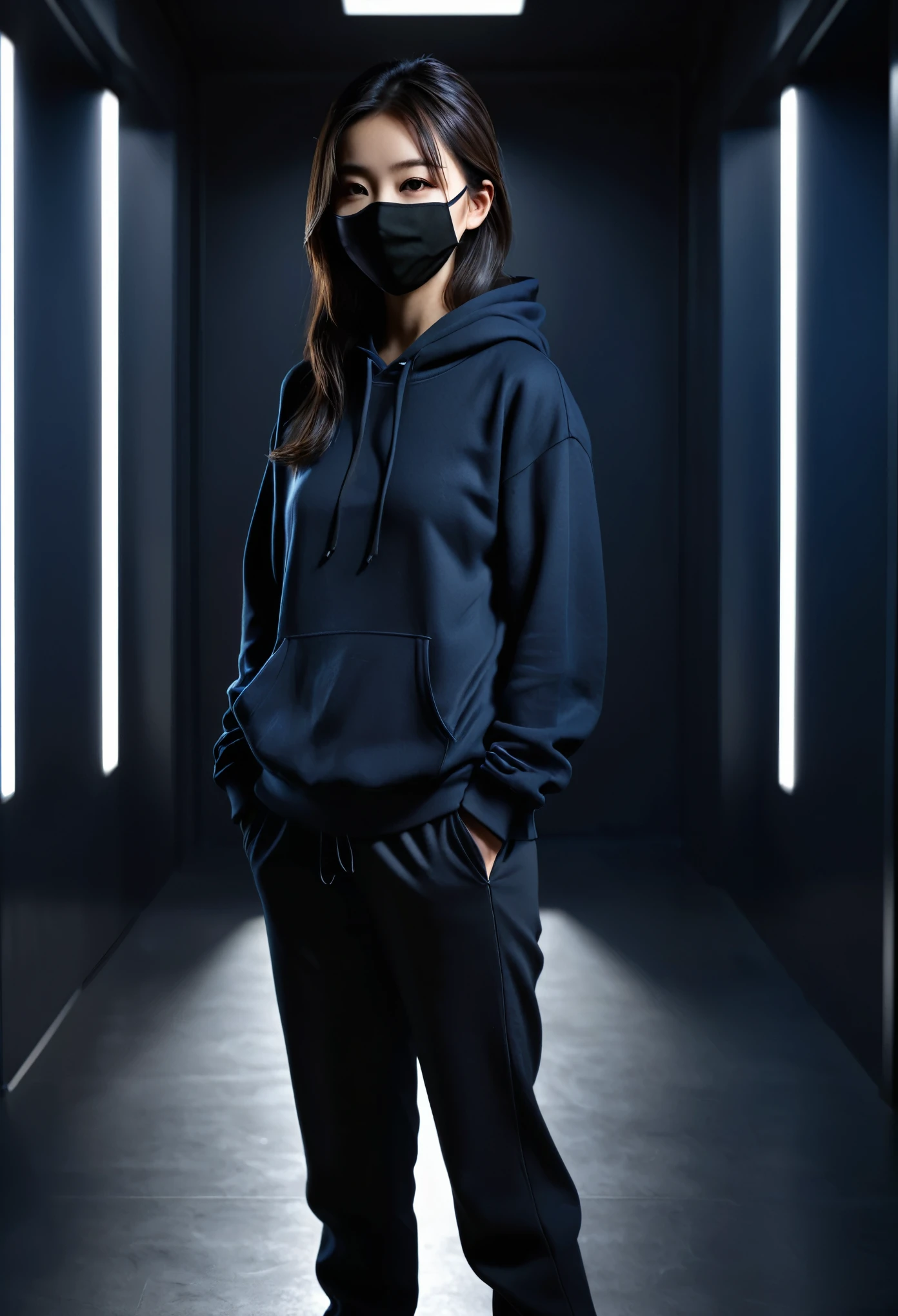 masterpiece, best quality, extremely detailed CG unity 8k wallpaper, 1 girl asian, simple black clothes, black hoodie, black sweatpants, dark blue mask from ear to ear, realistic, photorealistic, photo-realistic:1.37, cinematic lighting, dramatic lighting, chiaroscuro, moody, dark atmosphere, deep shadows