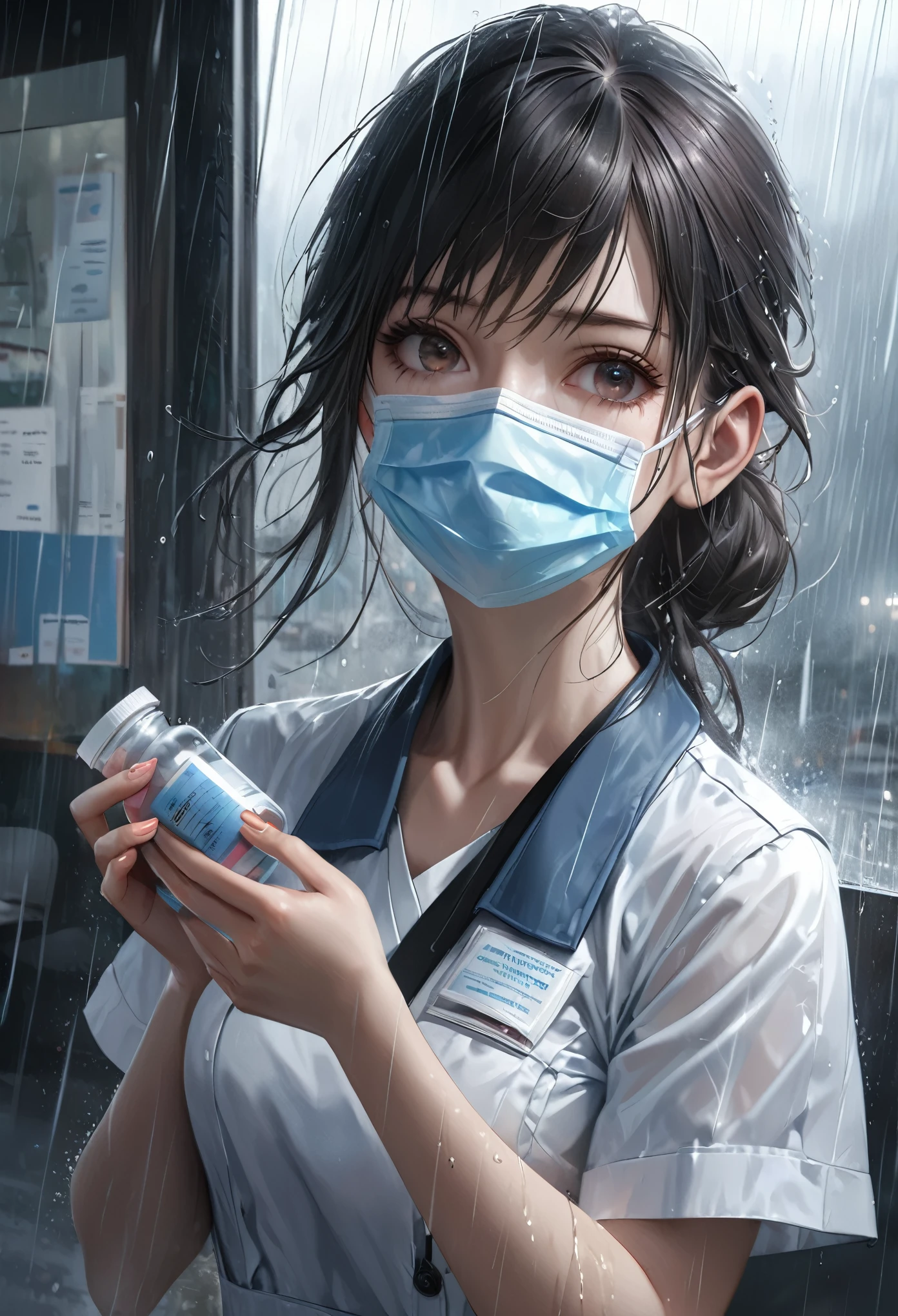 best quality, high resolution, ultra detailed, realistic, female nurse, holding medicines, wearing medical mask, heavy rain, wind, thunder, reflections, 