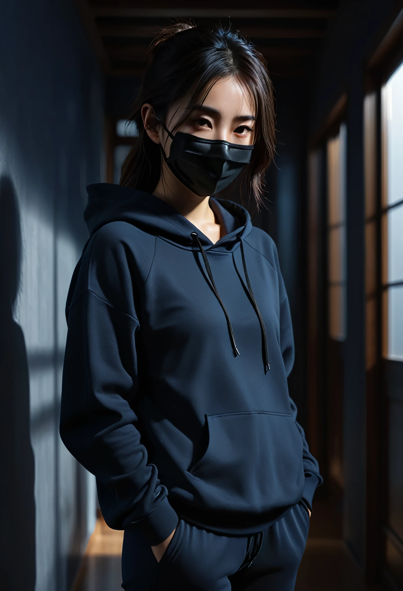 masterpiece, best quality, extremely detailed CG unity 8k wallpaper, 1 girl asian, simple black clothes, black hoodie, black sweatpants, dark blue mask from ear to ear, realistic, photorealistic, photo-realistic:1.37, cinematic lighting, dramatic lighting, chiaroscuro, moody, dark atmosphere, deep shadows