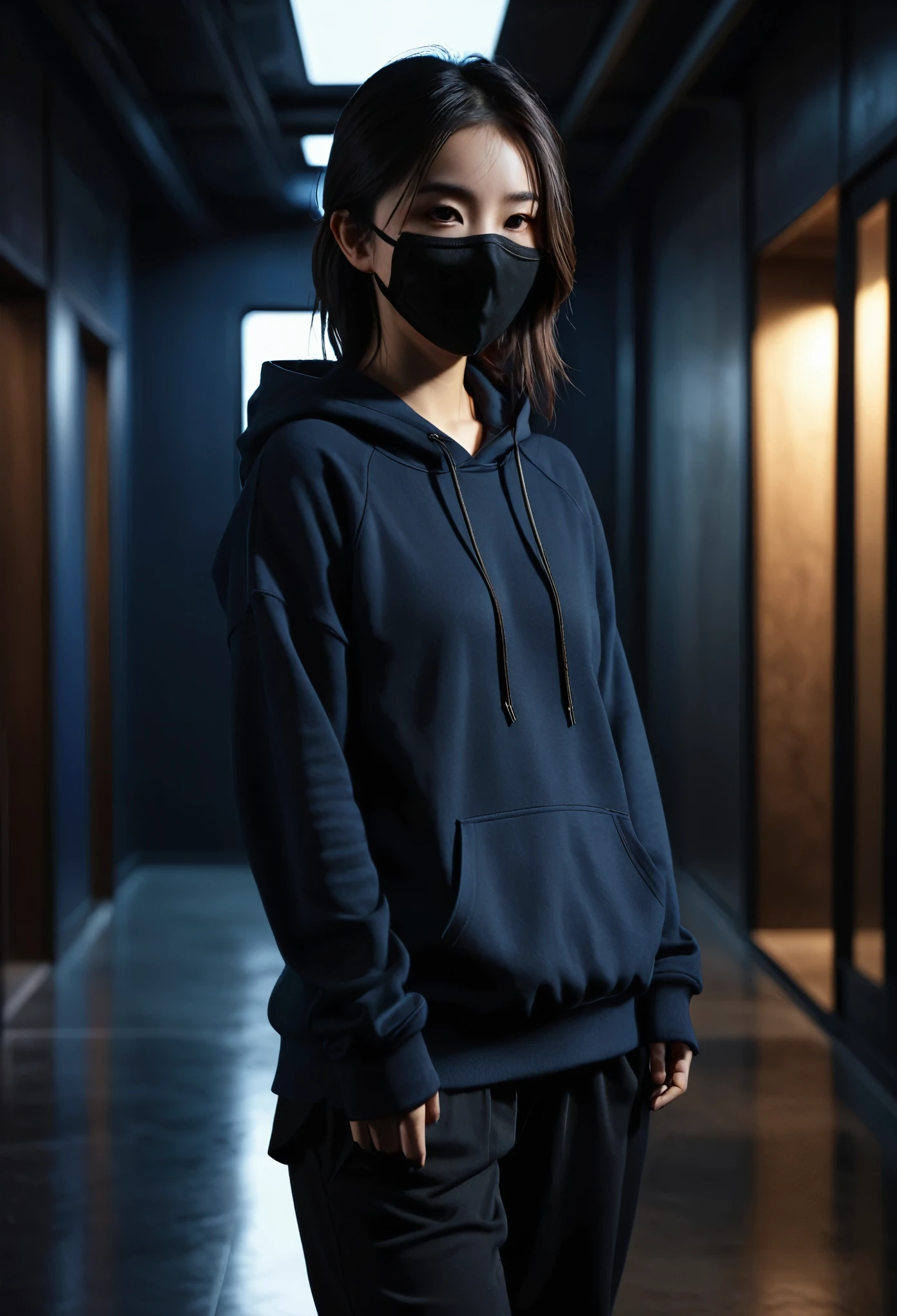 masterpiece, best quality, extremely detailed CG unity 8k wallpaper, 1 girl asian, simple black clothes, black hoodie, black sweatpants, dark blue mask from ear to ear, realistic, photorealistic, photo-realistic:1.37, cinematic lighting, dramatic lighting, chiaroscuro, moody, dark atmosphere, deep shadows