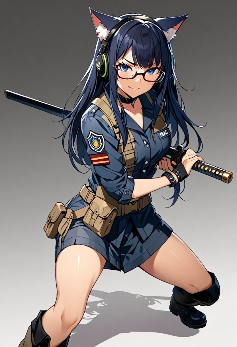 8K Ultra High-Quality, ultra-detailed, High quality, smug face, Dark Blue hair, Long hair, Headset, cat girl, Tactical clothes, Military clothes, body harness, Looking at viewer, choker, glasses, holding a black katana, full body, close up