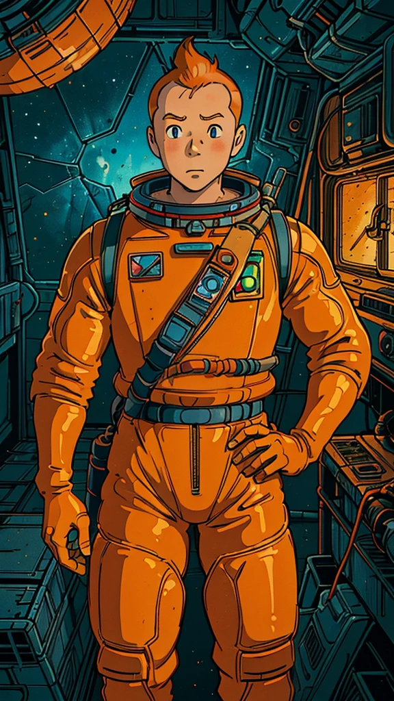 (Teens:1boy: Tintin), (extremely detailed CG unit 8k wallpaper),(master part), (best quality), (ultra detali), (best illustration),(ghibli style), cowboy shot, (Sharp eyeliner, ombre, detailed eyes:1),Dark midnight derelict spaceship interiors background, ,break , (astronaut in an orange space suit), upper body, short hair, orange hair