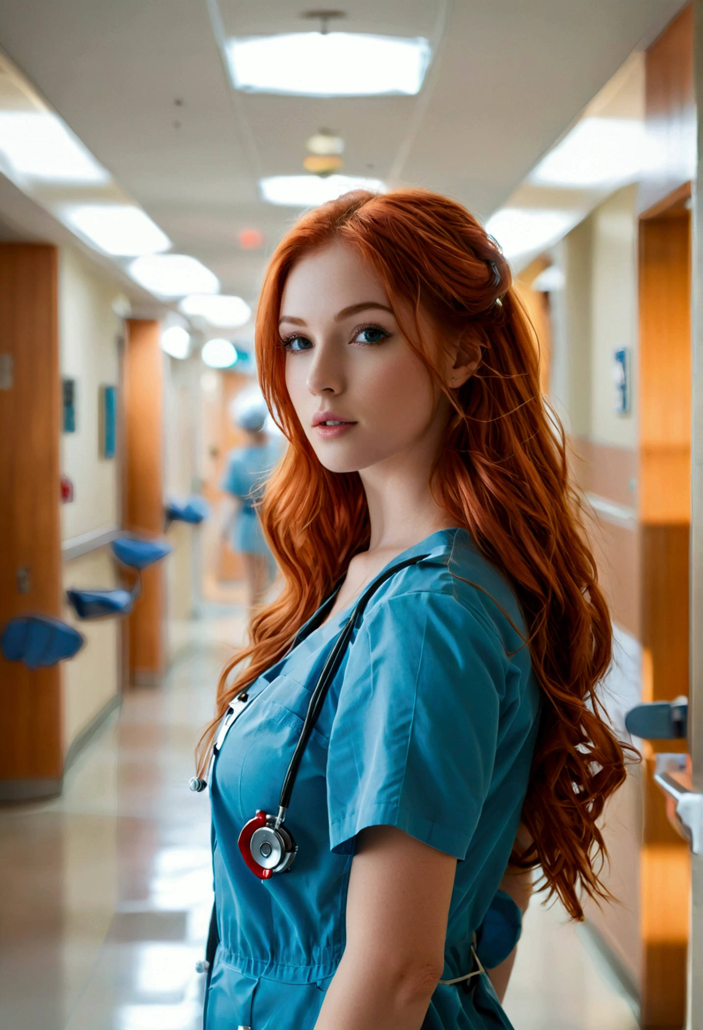 ultra realistic, photography, long red hair, girl, 24 years old, hourglass figure, perfect body, natural medium breasts, Flirty look, blur background, standing in a hospital hallway, nurse outfit, chart in her hands