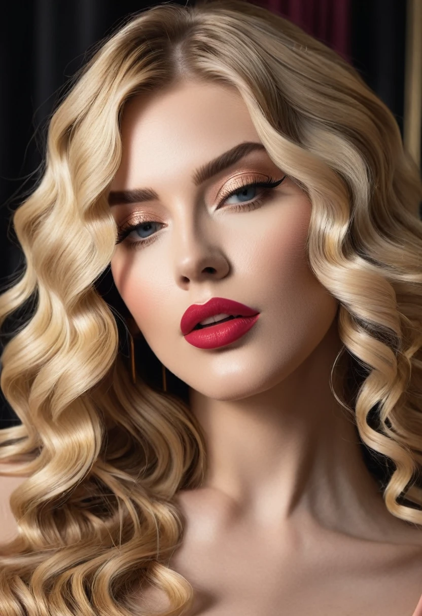 (Straight and wavy blonde hair aesthetics:1.8), Beautiful aesthetic of straight and wavy blonde hair in works of art., Film noir, princess peach, dominant findom, financial dominatrix, tempting with her heel in your face and controlling your small cock with her fingers