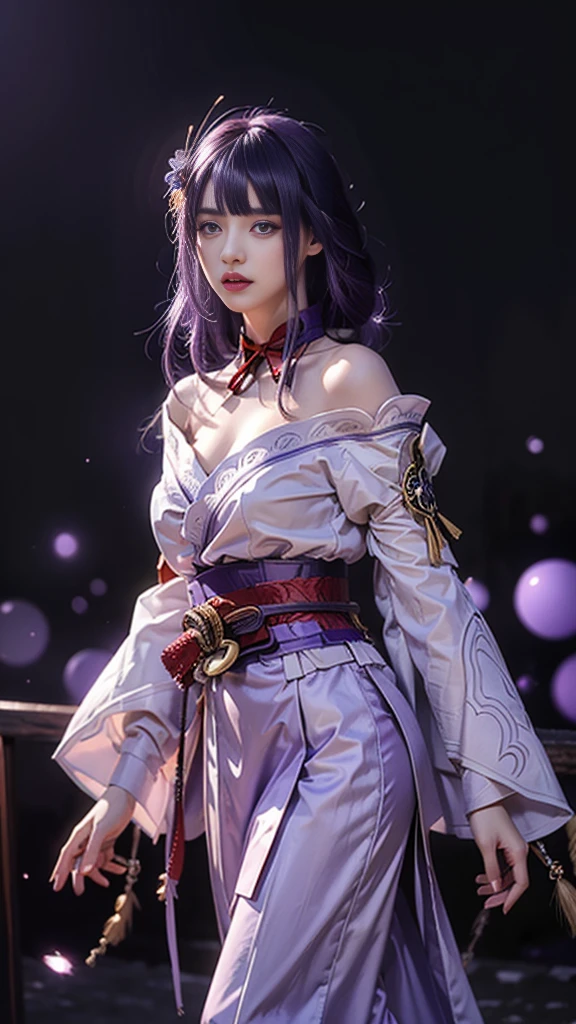masterpiece,best quality, high resolution, (Super large moon background in the sky), Cinema lighting,1 girl, Thunder General, Detailed clothes, White clothes, blunt bangs, braid, (medium breasts:1.3),(Breast protrusion:1.3),split, wide-sleeved kimono, (hair accessories:1.3), white japanese clothes, (red belt:1.4), (purple hair:1.4), very long hair, straight hair, Detailed face, Cool face, (smooth jaw:0.85), Keep your mouth shut, long eyelashes, sharp vision, looking at the audience，look to the side ,Nice purple eyes, delicate eyes, thick eyebrows, red eye shadow, Symmetrical eyes, skirt, [Put your arms behind your back|hands on own chest], highly detailed back ground,(Photorealistic:1.35),dappled sunshine,[from the side|from below],