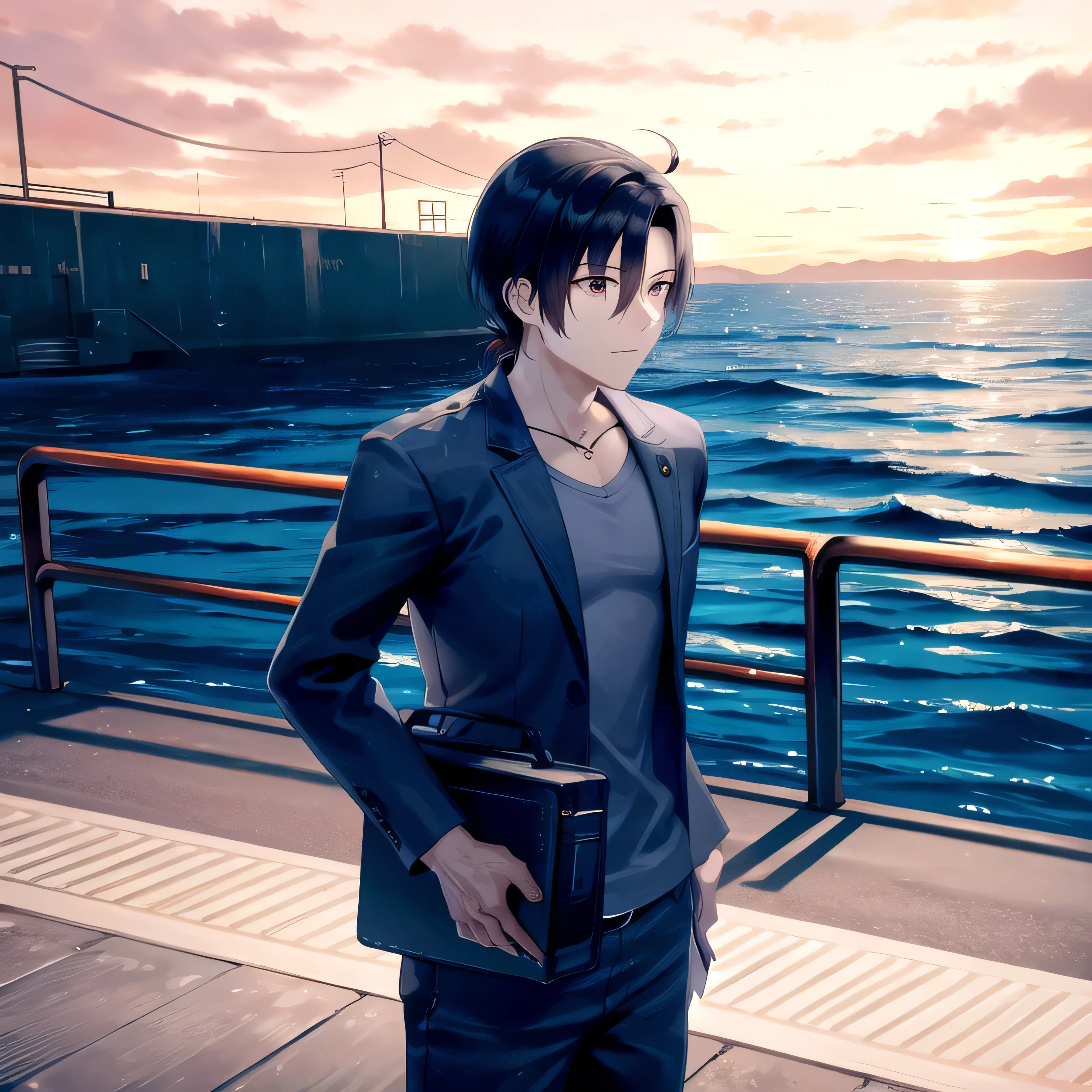 1guy, outdoors, beach, sunset, orange sky.